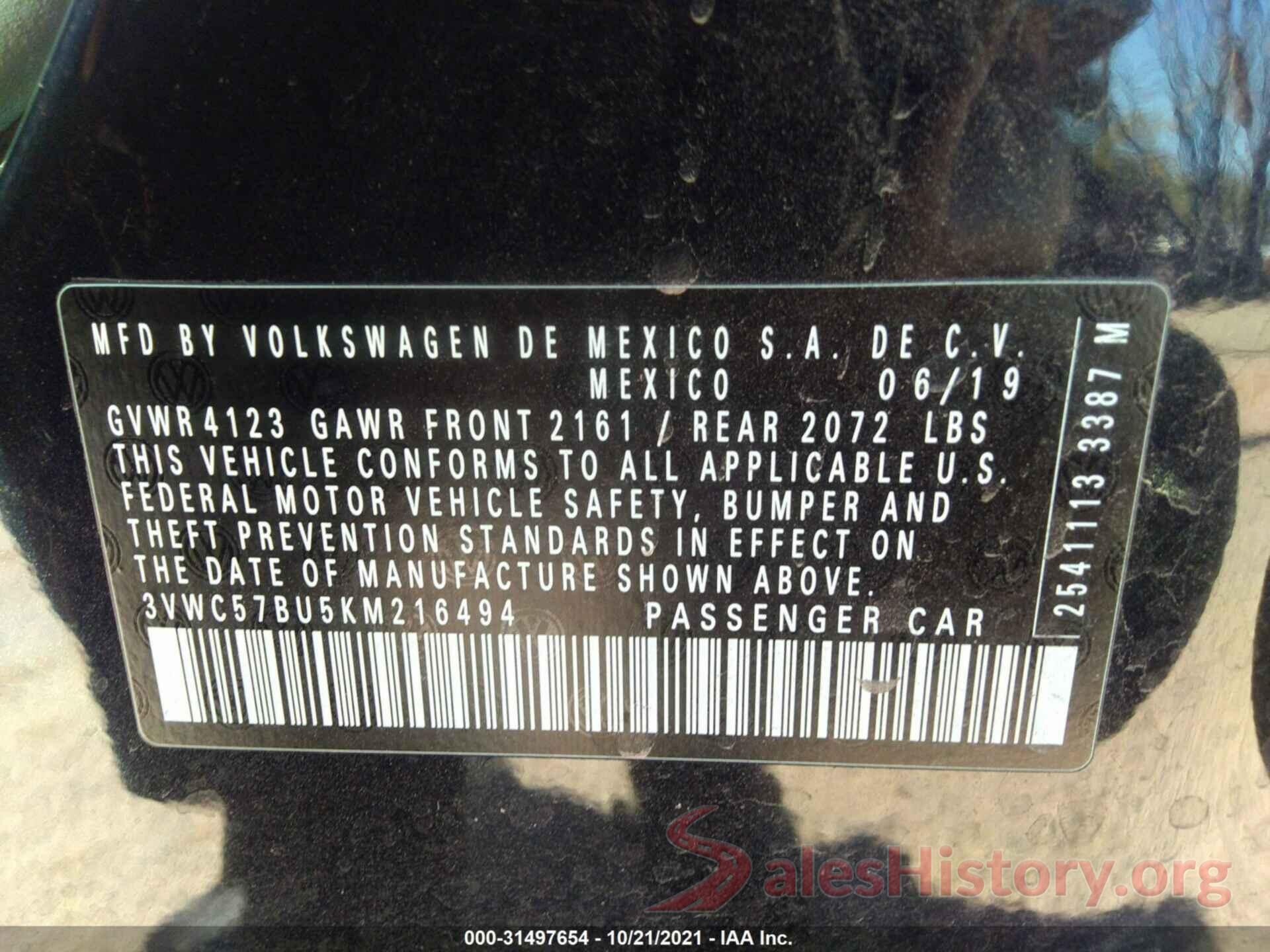 3VWC57BU5KM216494 2019 VOLKSWAGEN JETTA