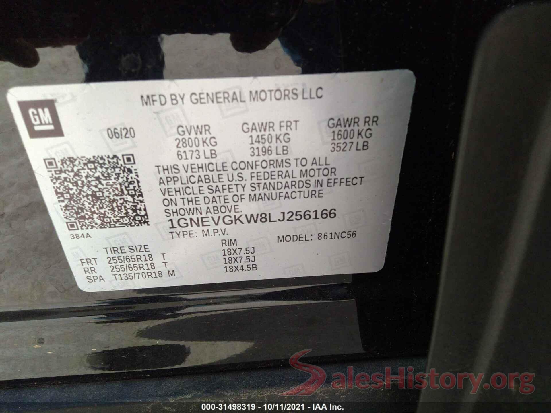 1GNEVGKW8LJ256166 2020 CHEVROLET TRAVERSE