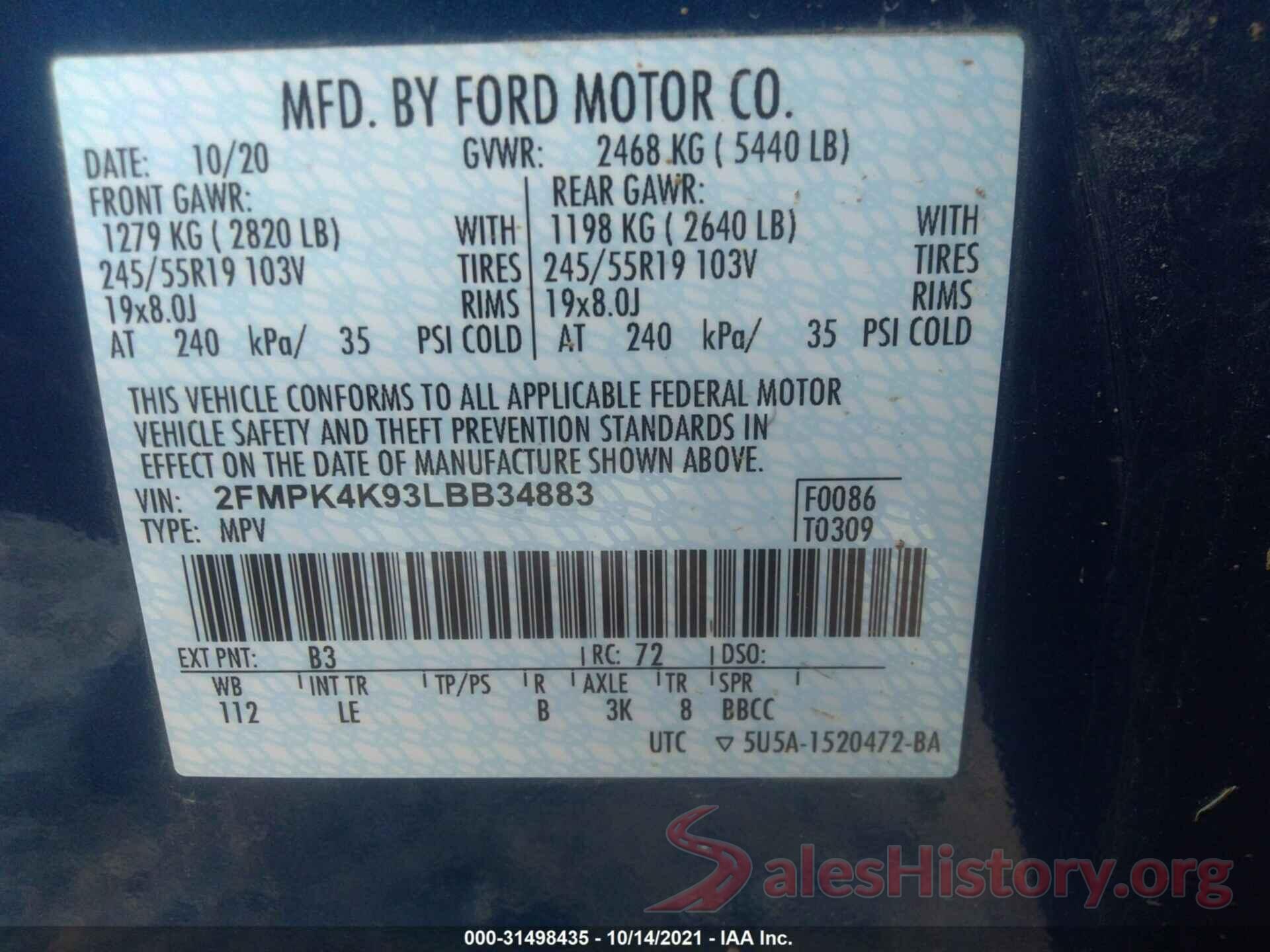 2FMPK4K93LBB34883 2020 FORD EDGE