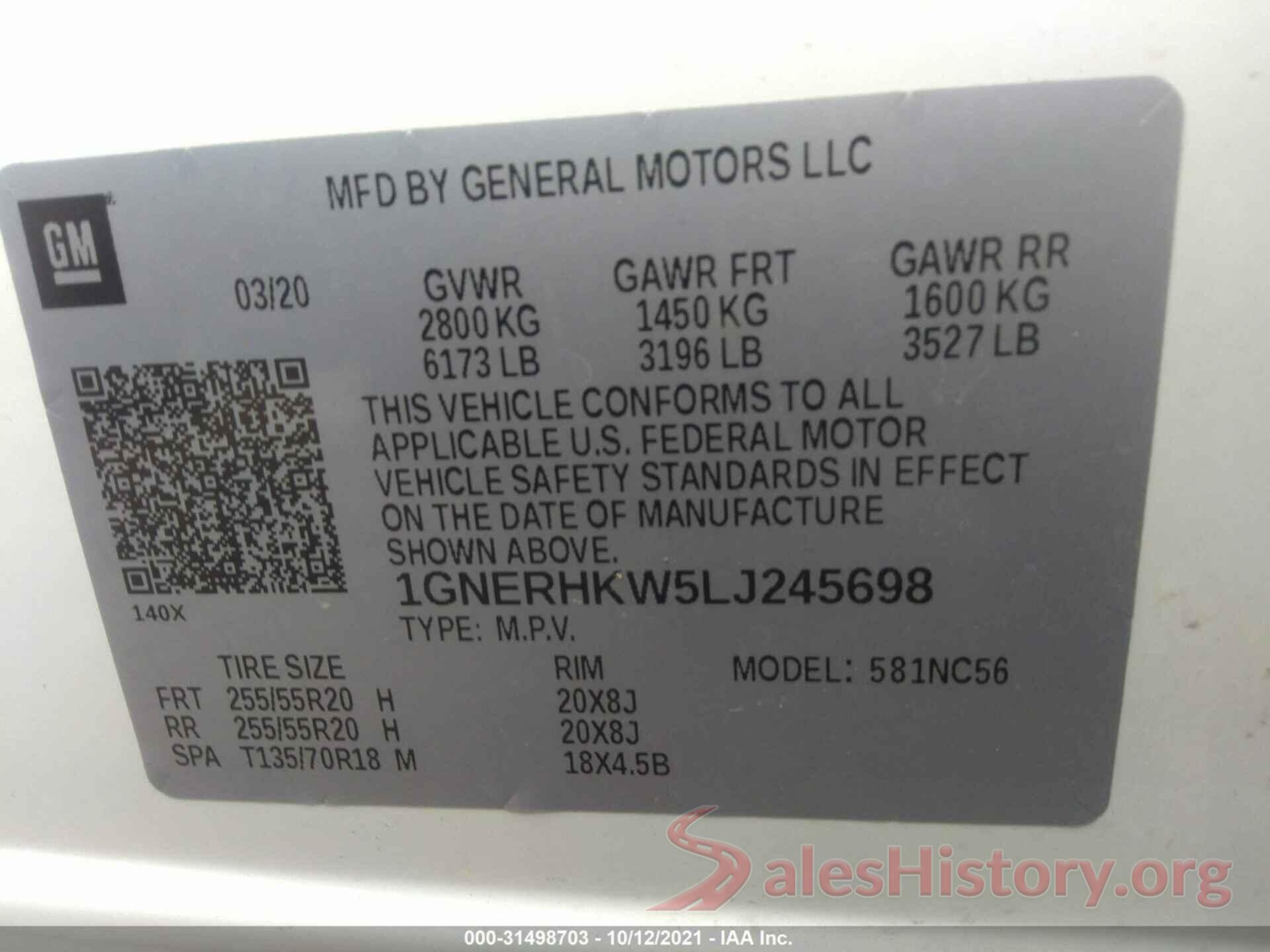 1GNERHKW5LJ245698 2020 CHEVROLET TRAVERSE