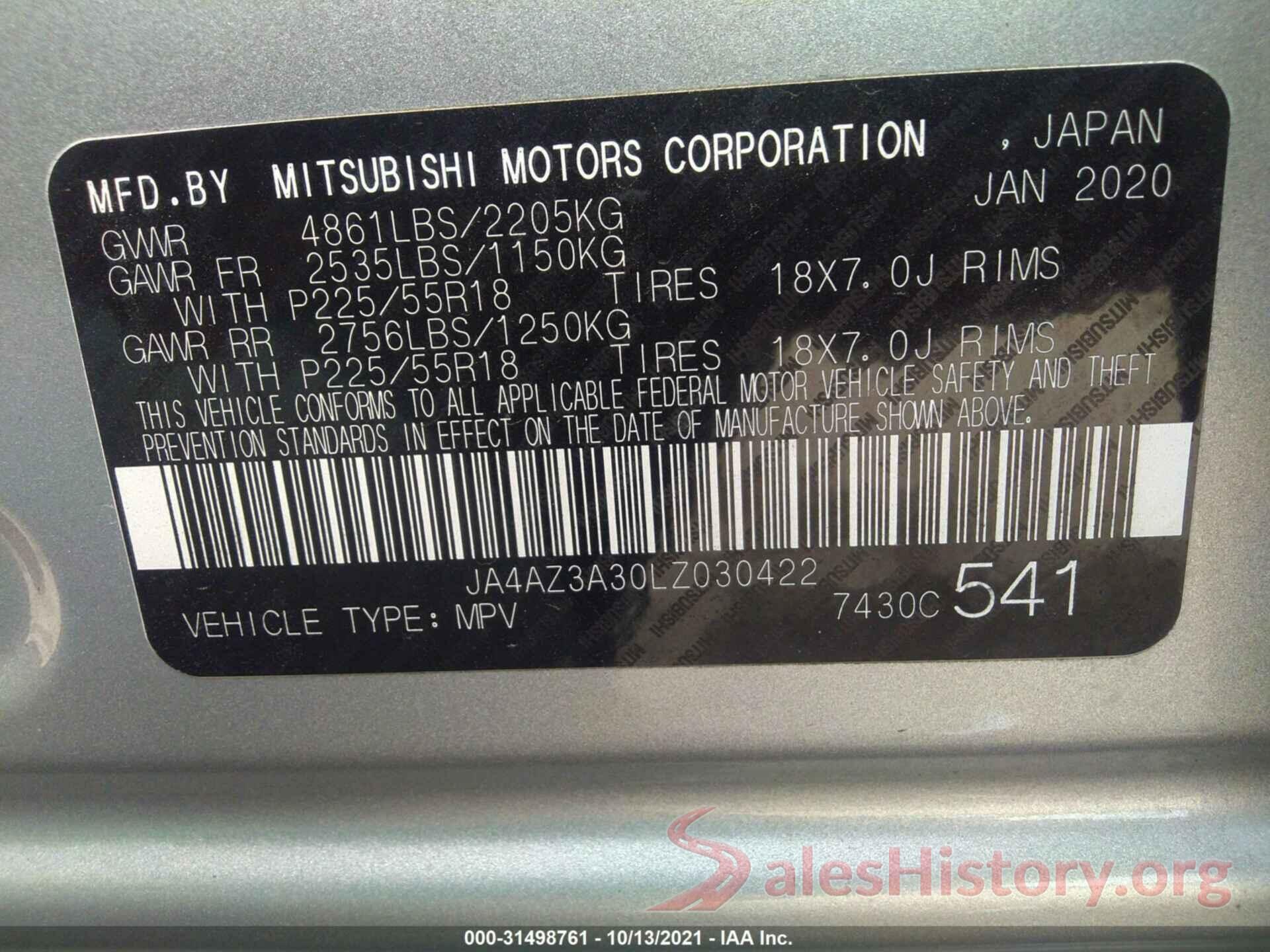 JA4AZ3A30LZ030422 2020 MITSUBISHI OUTLANDER