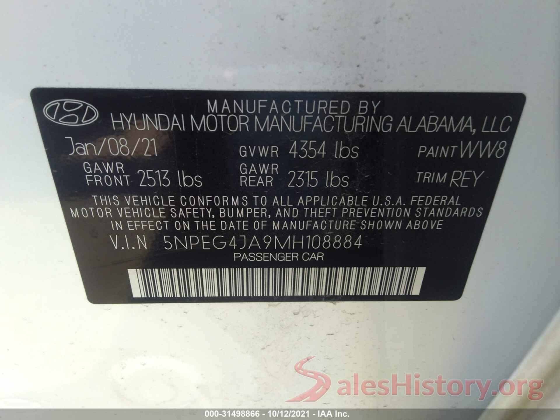 5NPEG4JA9MH108884 2021 HYUNDAI SONATA