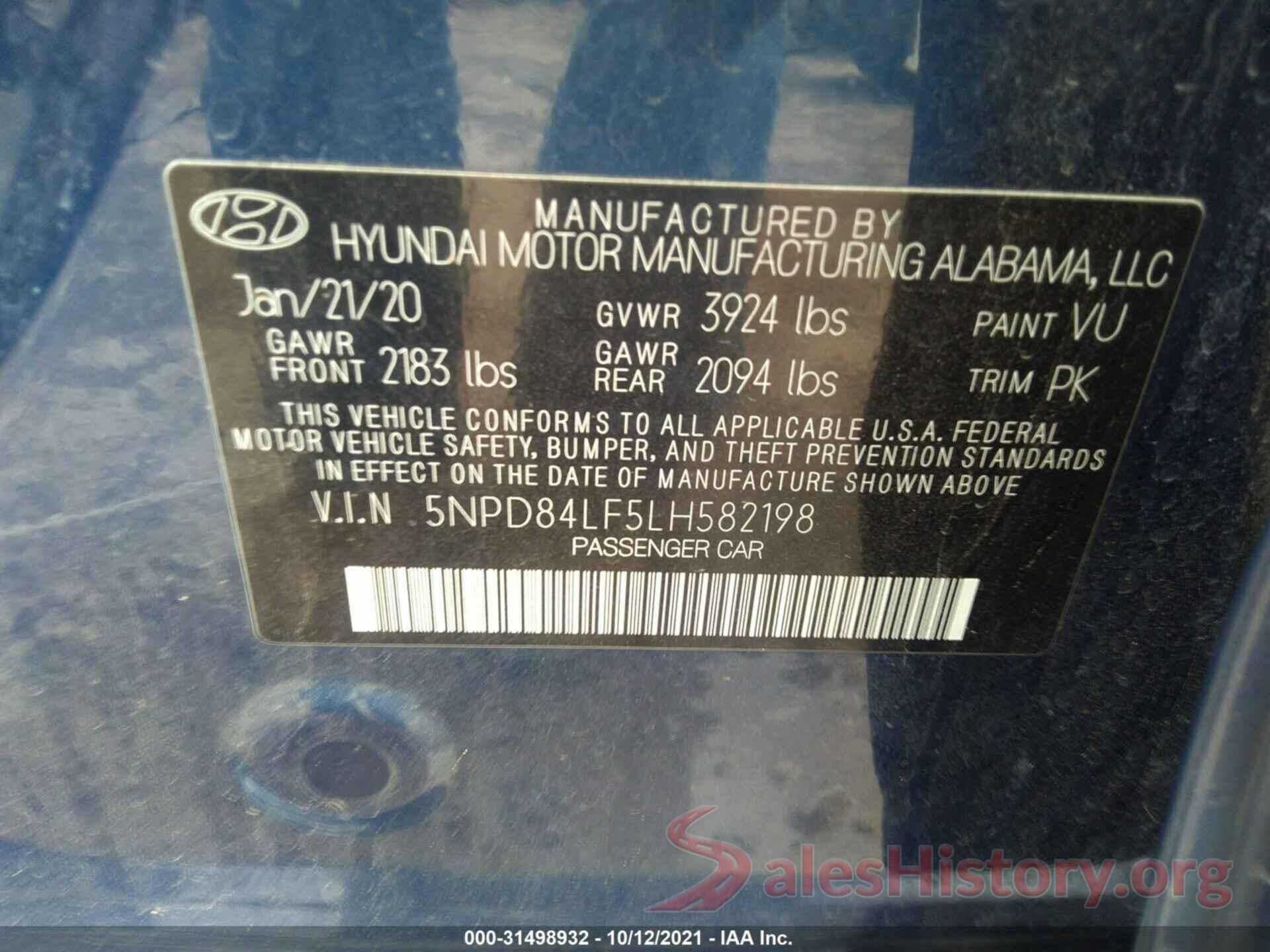 5NPD84LF5LH582198 2020 HYUNDAI ELANTRA