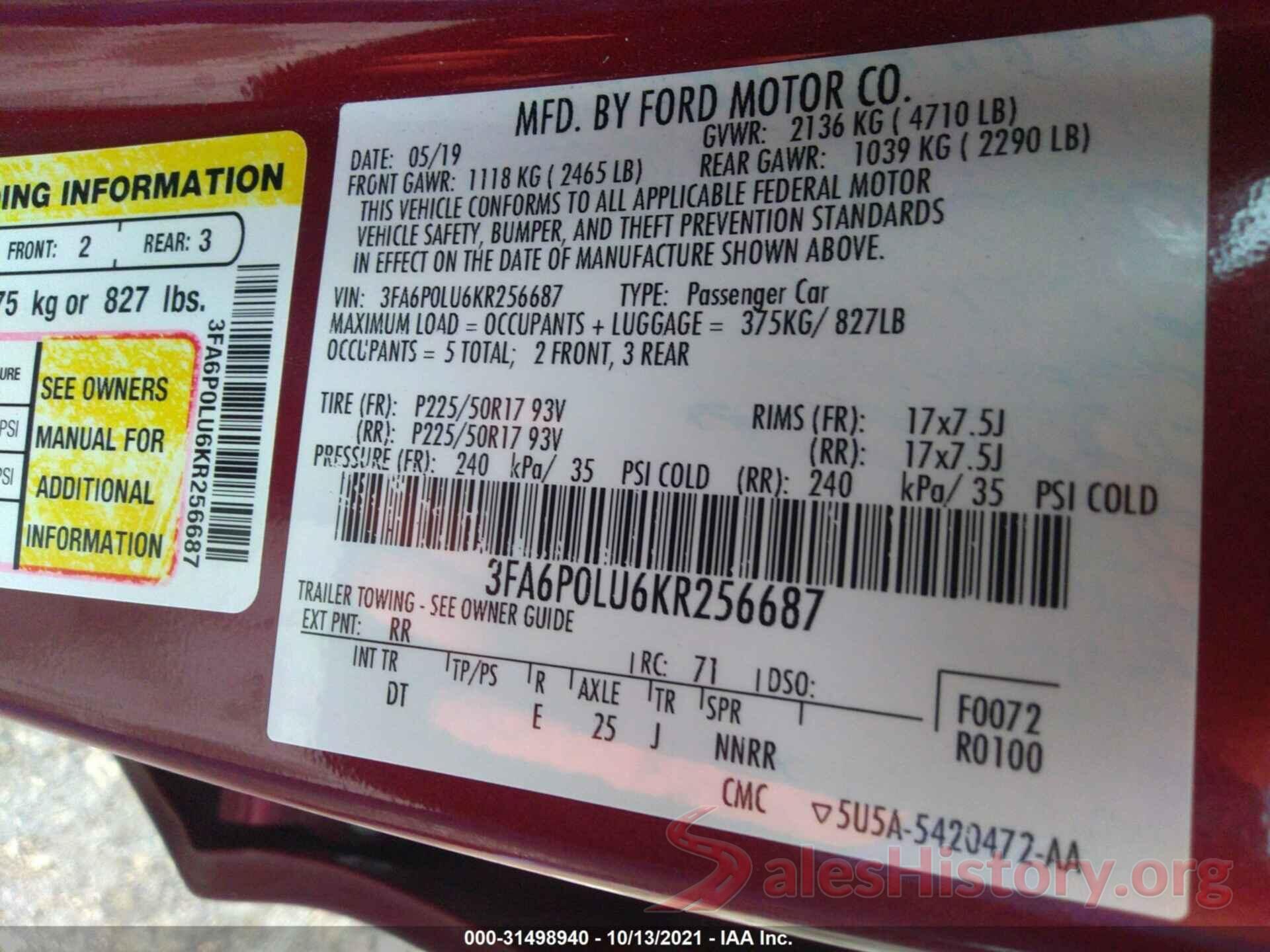 3FA6P0LU6KR256687 2019 FORD FUSION HYBRID