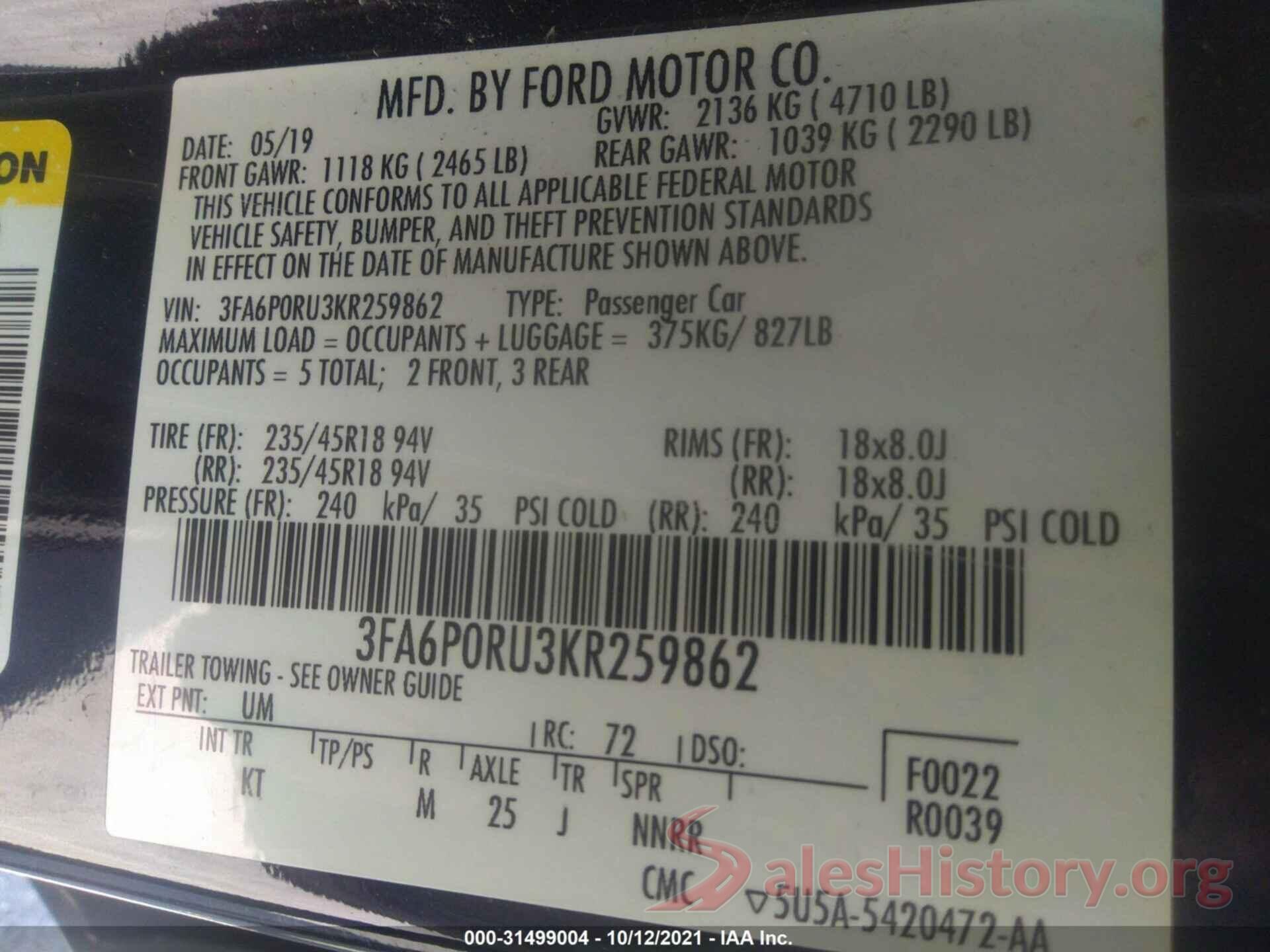 3FA6P0RU3KR259862 2019 FORD FUSION HYBRID