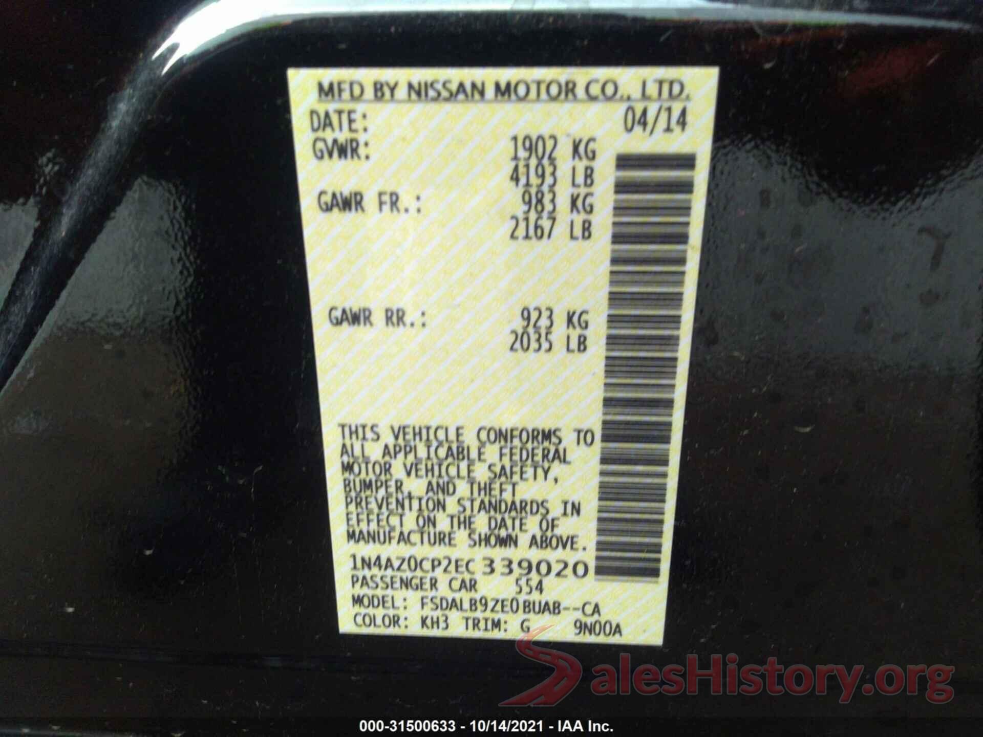 1N4AZ0CP2EC339020 2014 NISSAN LEAF