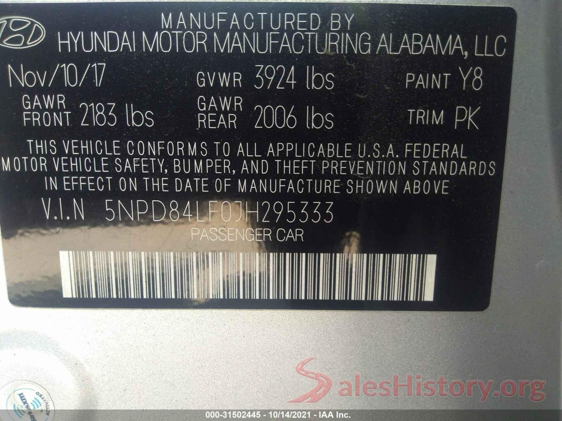 5NPD84LF0JH295333 2018 HYUNDAI ELANTRA