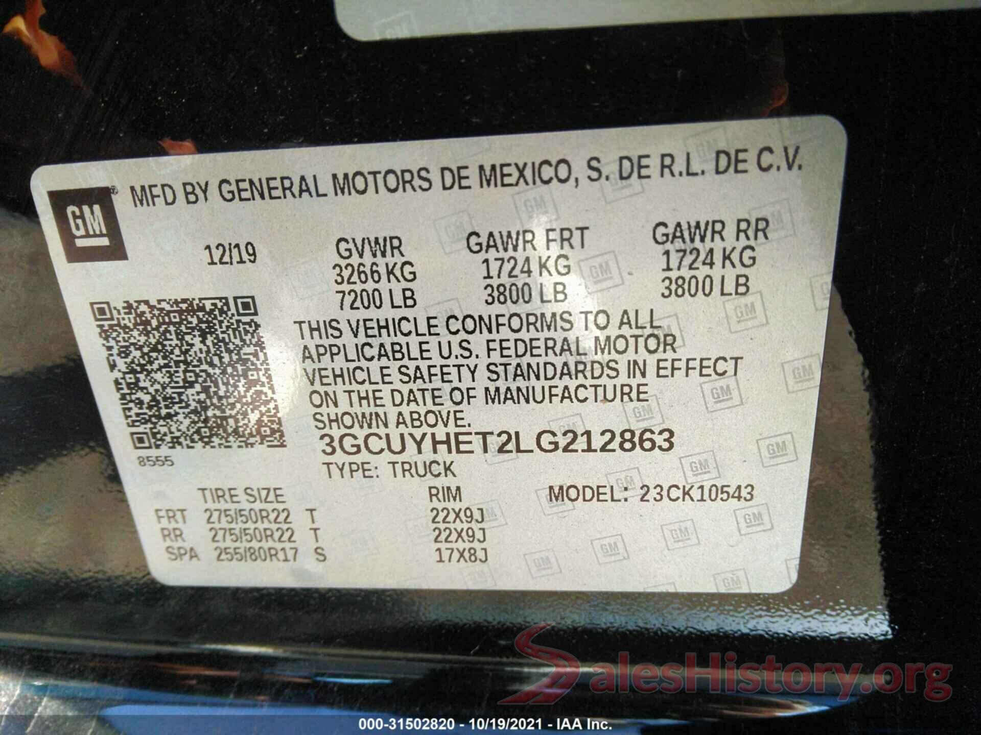 3GCUYHET2LG212863 2020 CHEVROLET SILVERADO 1500