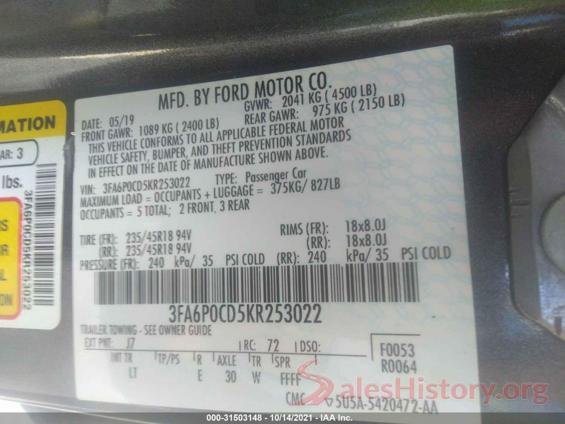 3FA6P0CD5KR253022 2019 FORD FUSION