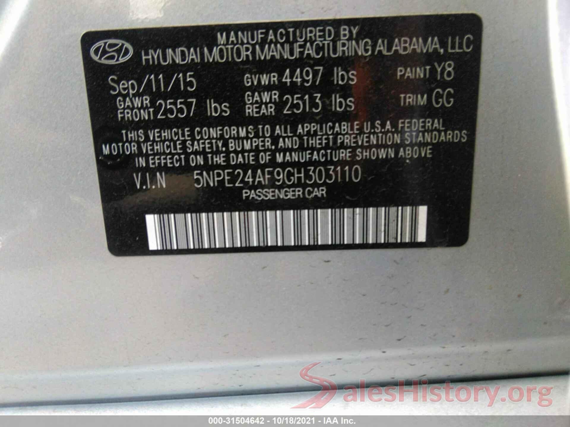 5NPE24AF9GH303110 2016 HYUNDAI SONATA