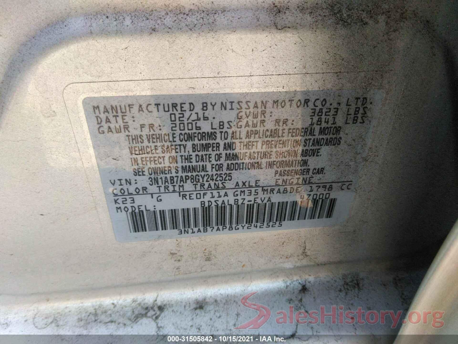 3N1AB7AP8GY242525 2016 NISSAN SENTRA