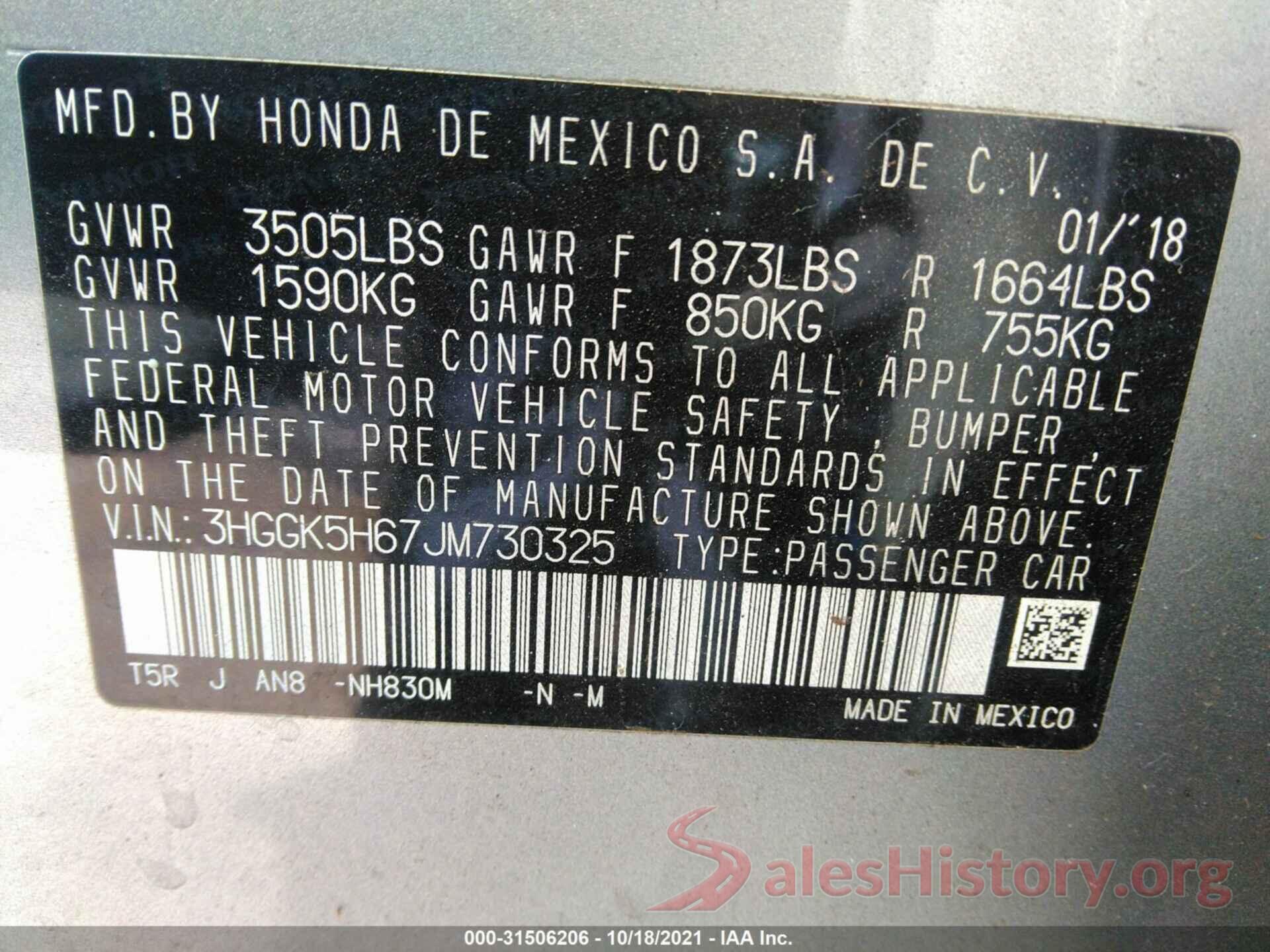 3HGGK5H67JM730325 2018 HONDA FIT