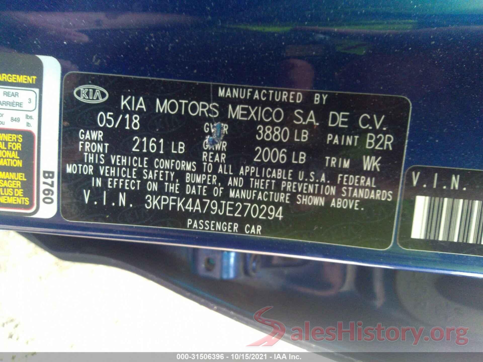 3KPFK4A79JE270294 2018 KIA FORTE