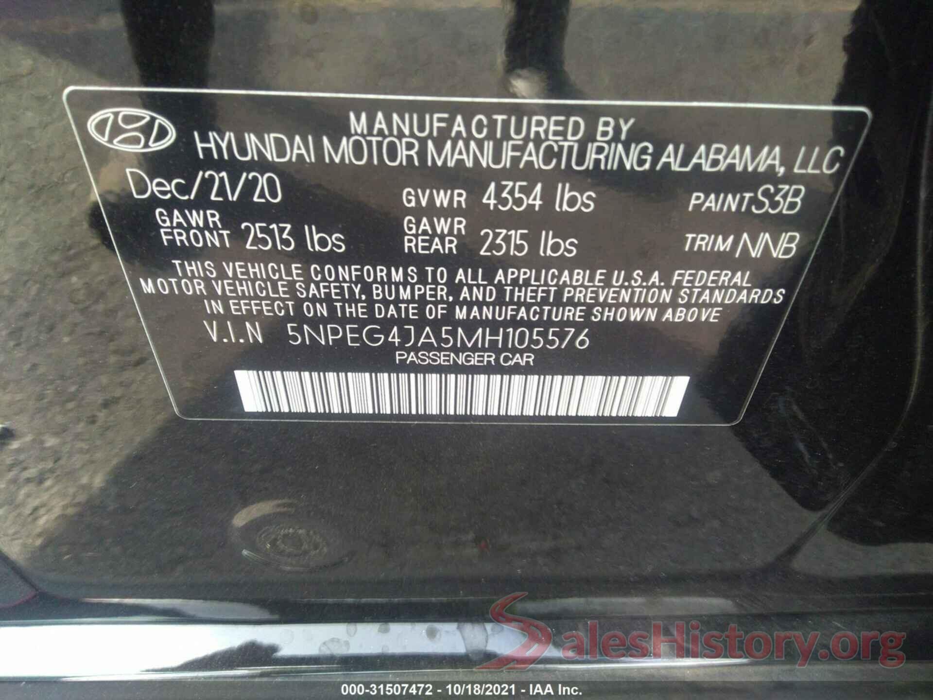 5NPEG4JA5MH105576 2021 HYUNDAI SONATA