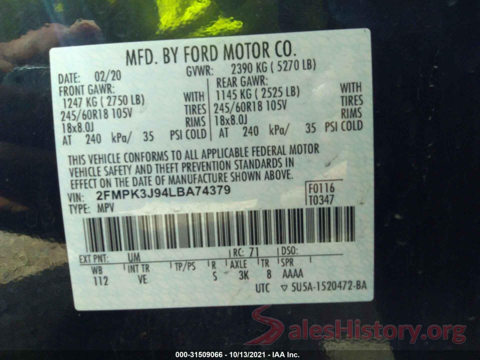 2FMPK3J94LBA74379 2020 FORD EDGE