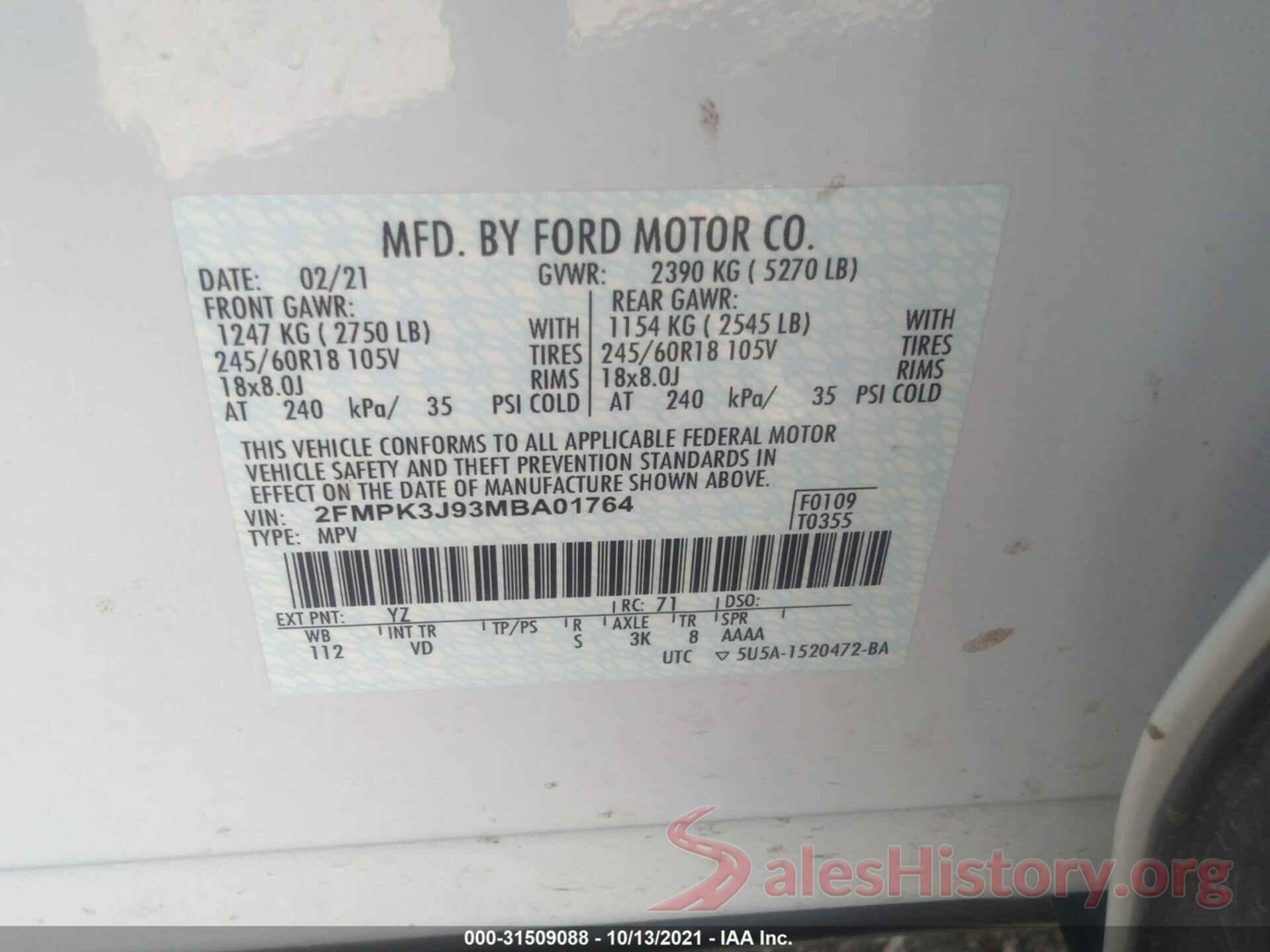 2FMPK3J93MBA01764 2021 FORD EDGE