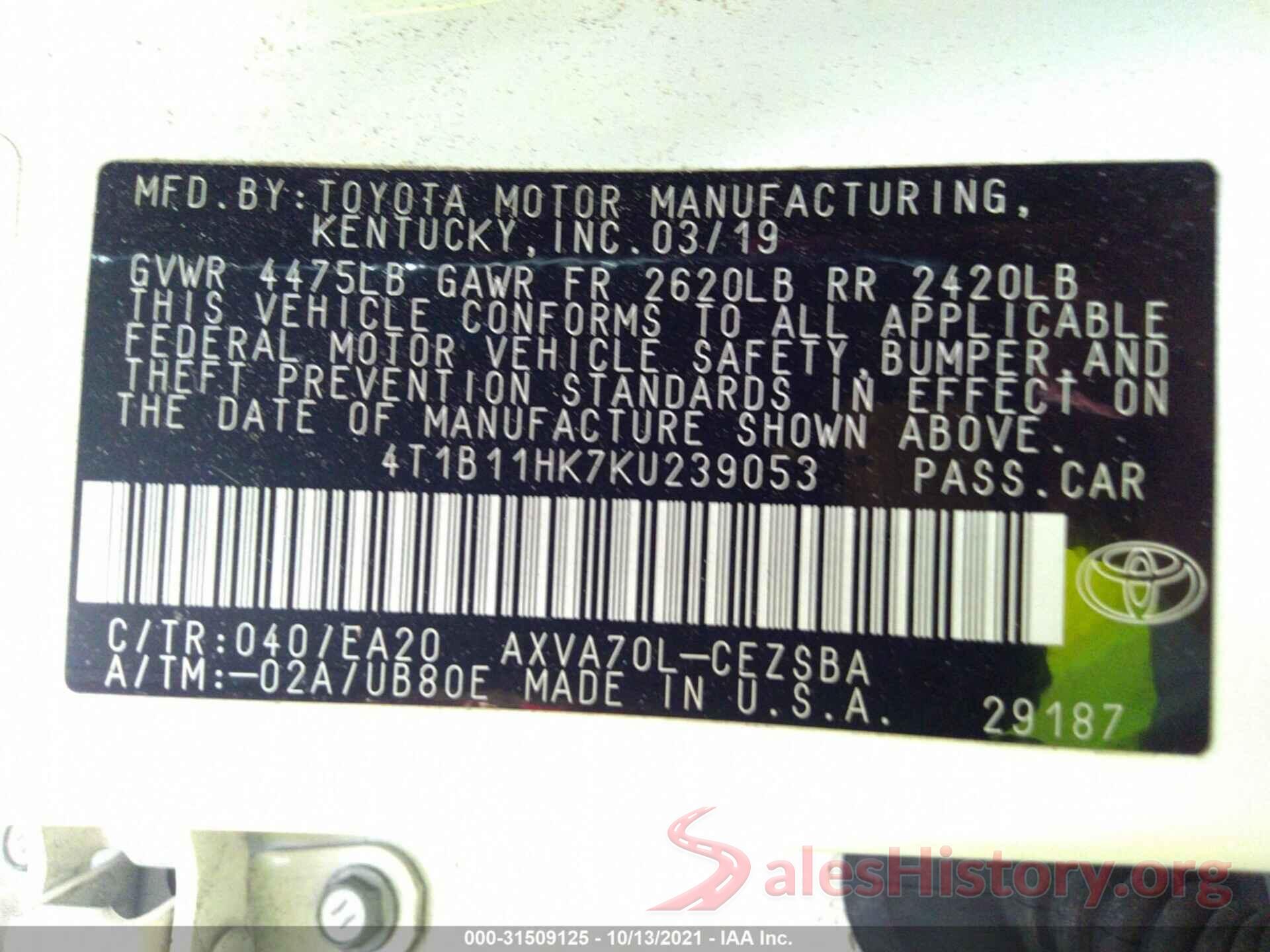 4T1B11HK7KU239053 2019 TOYOTA CAMRY