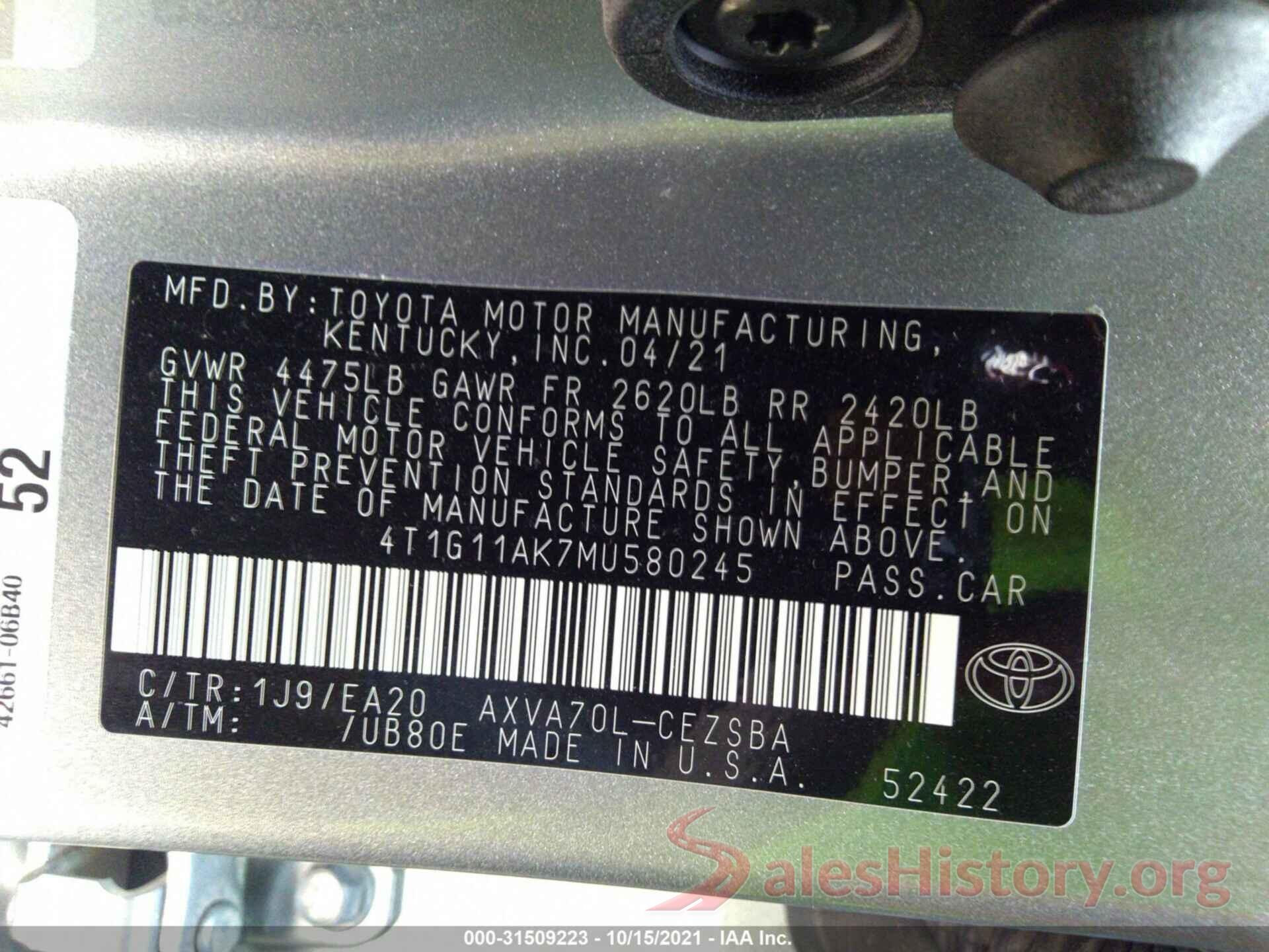 4T1G11AK7MU580245 2021 TOYOTA CAMRY