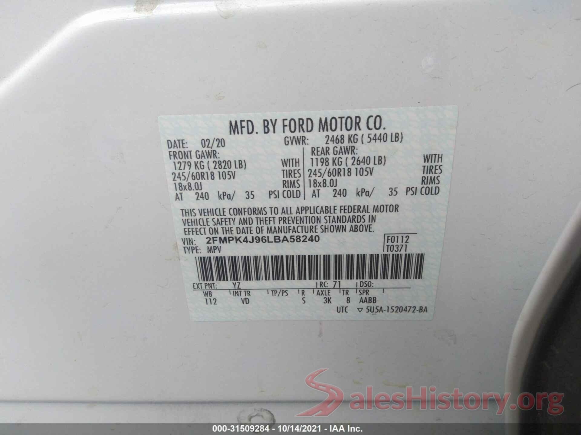 2FMPK4J96LBA58240 2020 FORD EDGE