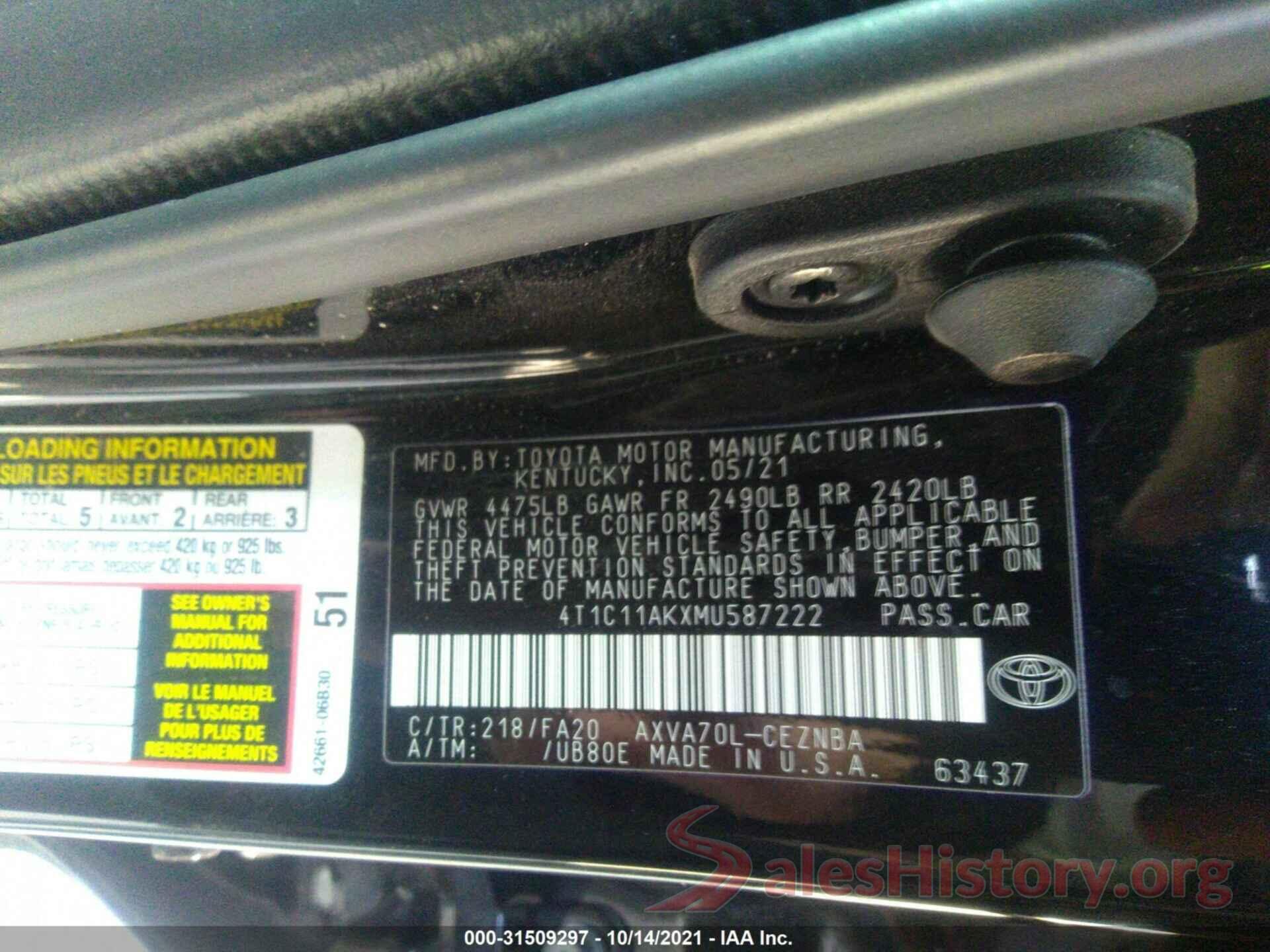 4T1C11AKXMU587222 2021 TOYOTA CAMRY