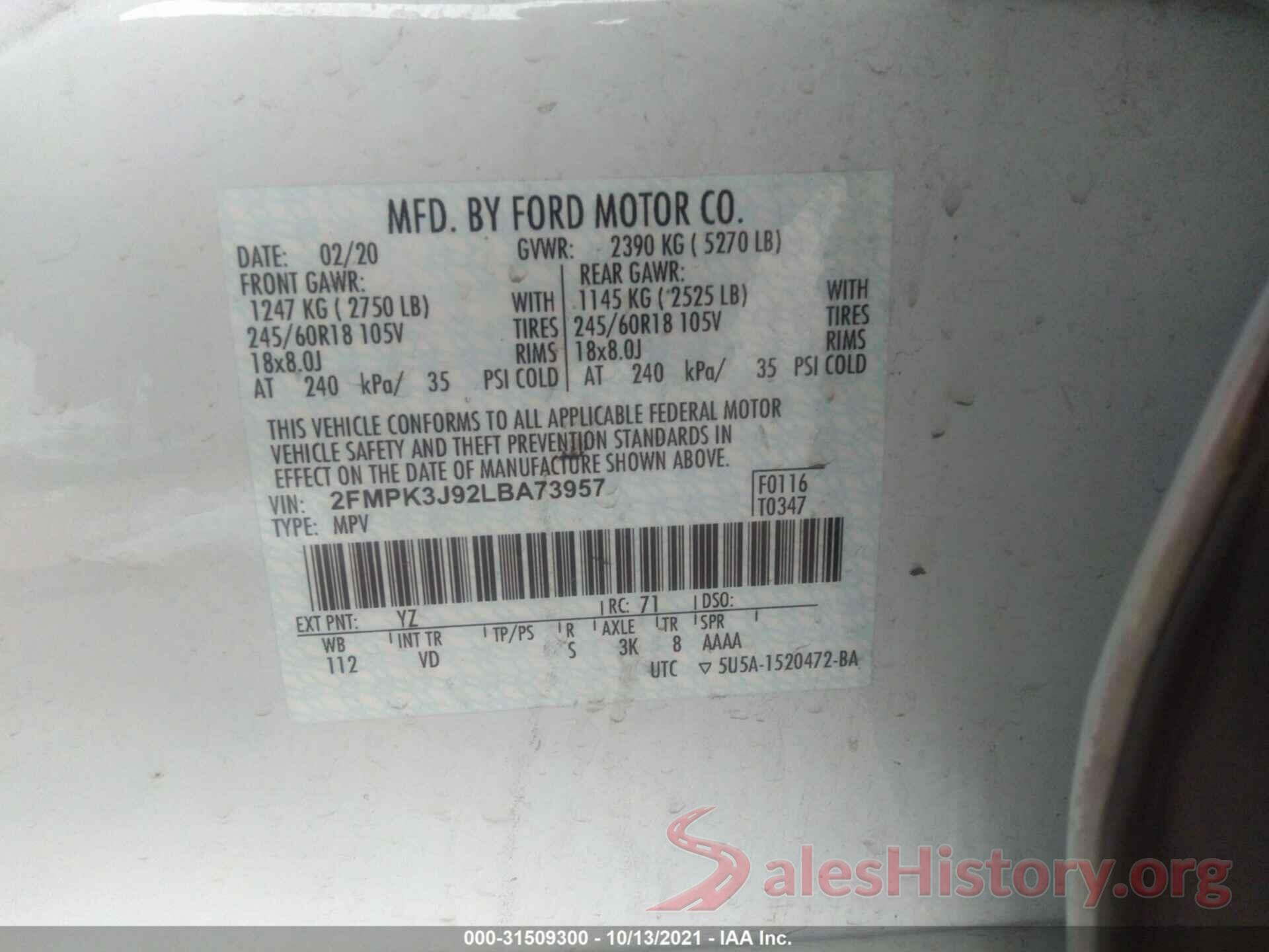 2FMPK3J92LBA73957 2020 FORD EDGE