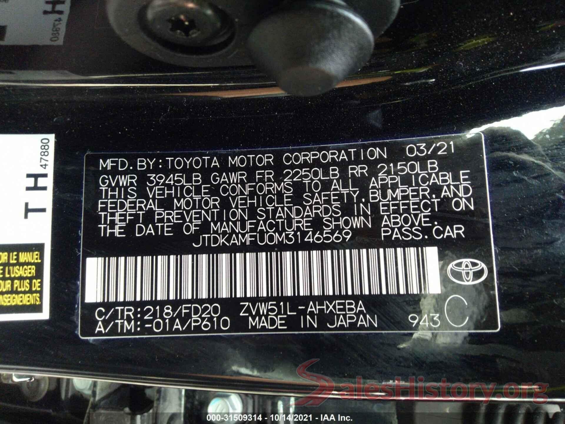 JTDKAMFU0M3146569 2021 TOYOTA PRIUS