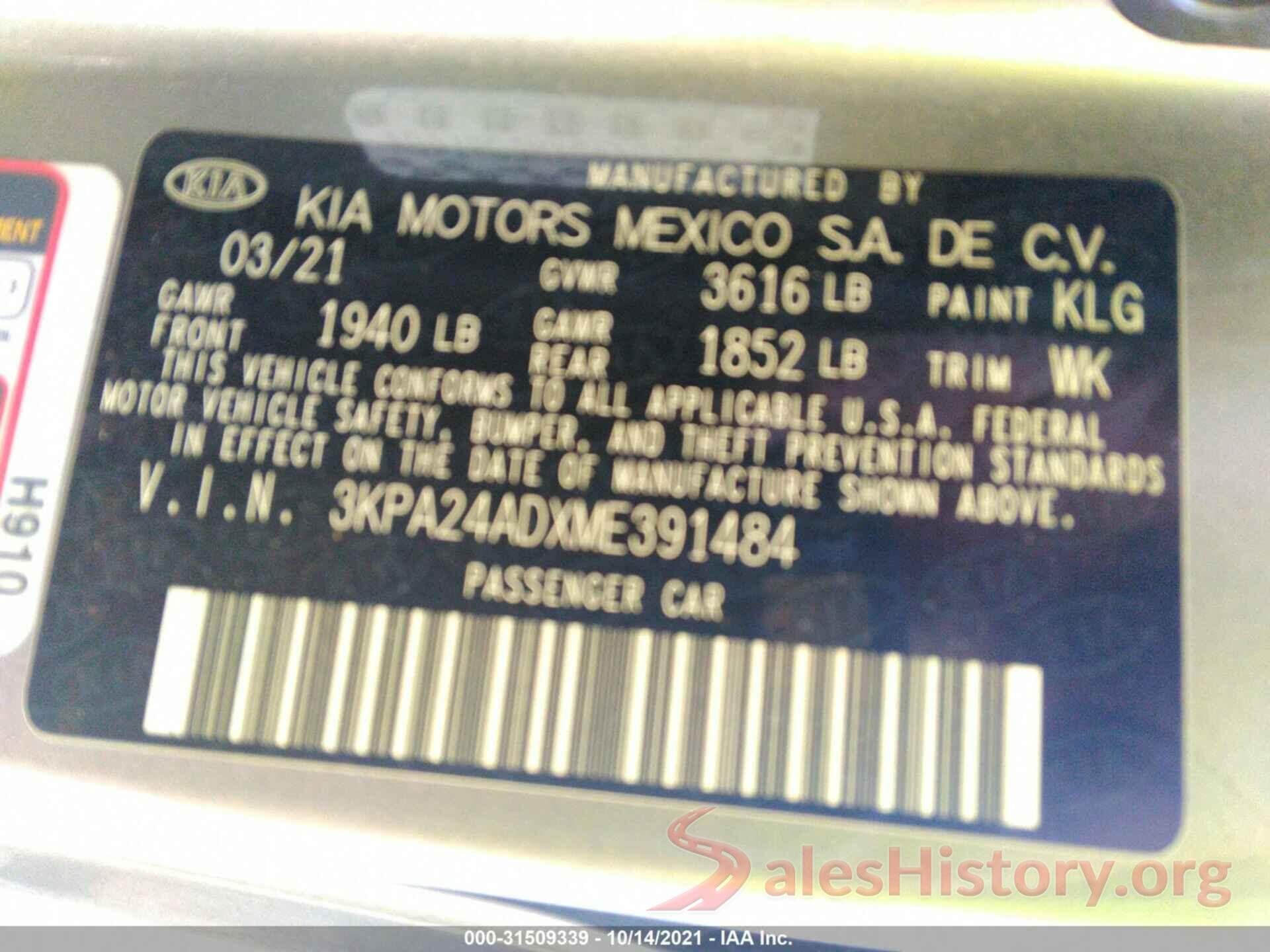 3KPA24ADXME391484 2021 KIA RIO