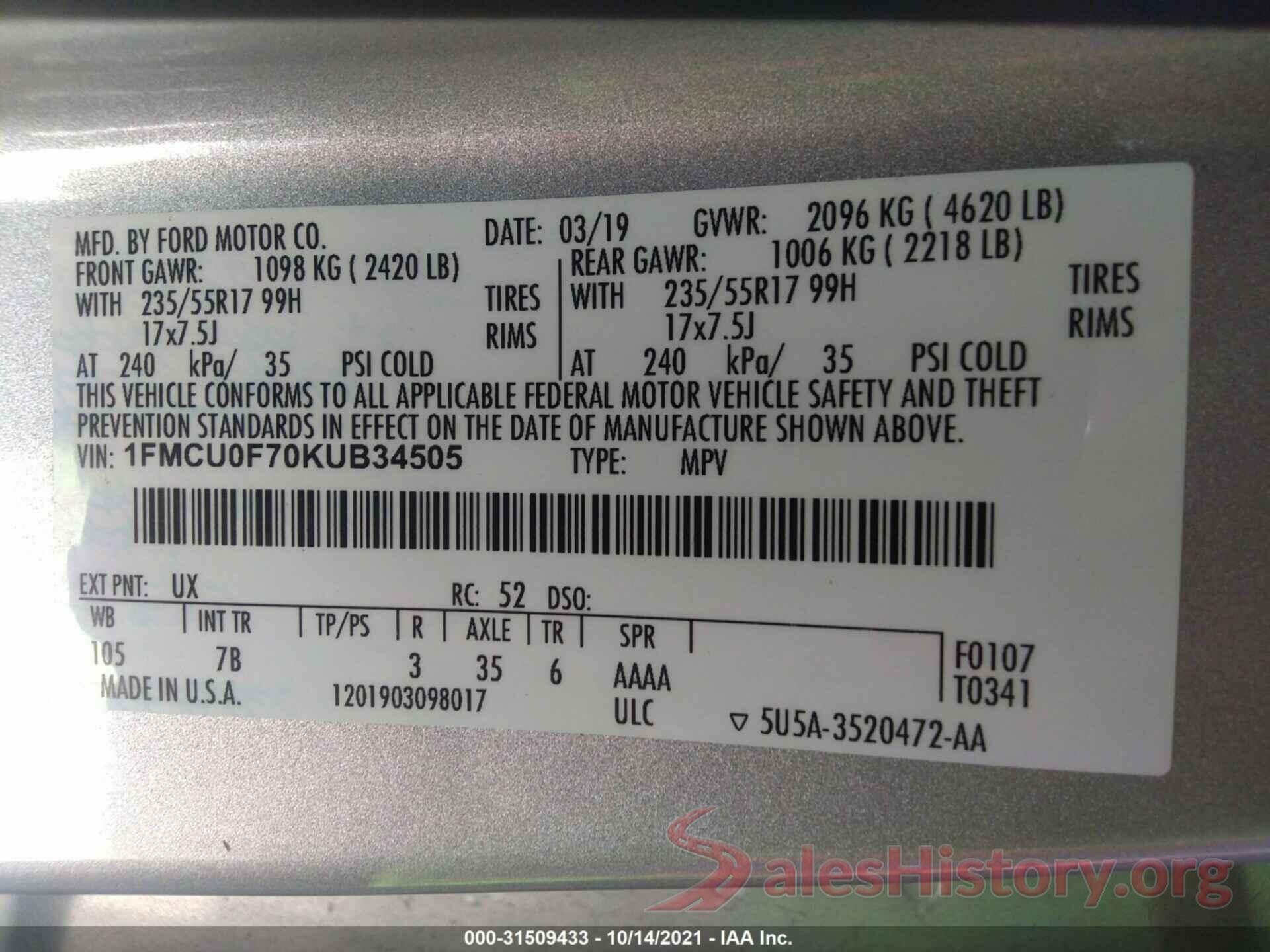 1FMCU0F70KUB34505 2019 FORD ESCAPE