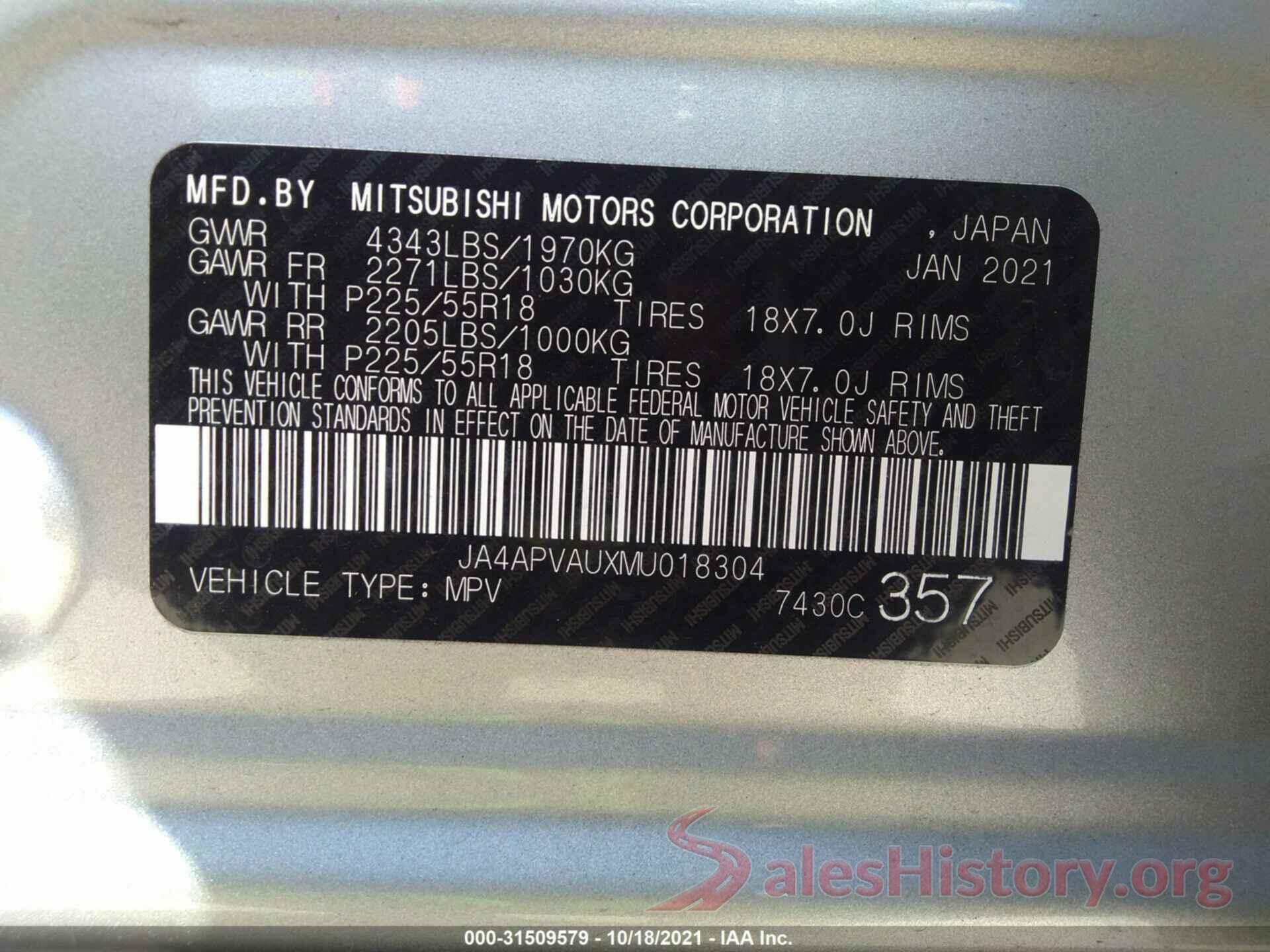 JA4APVAUXMU018304 2021 MITSUBISHI OUTLANDER SPORT