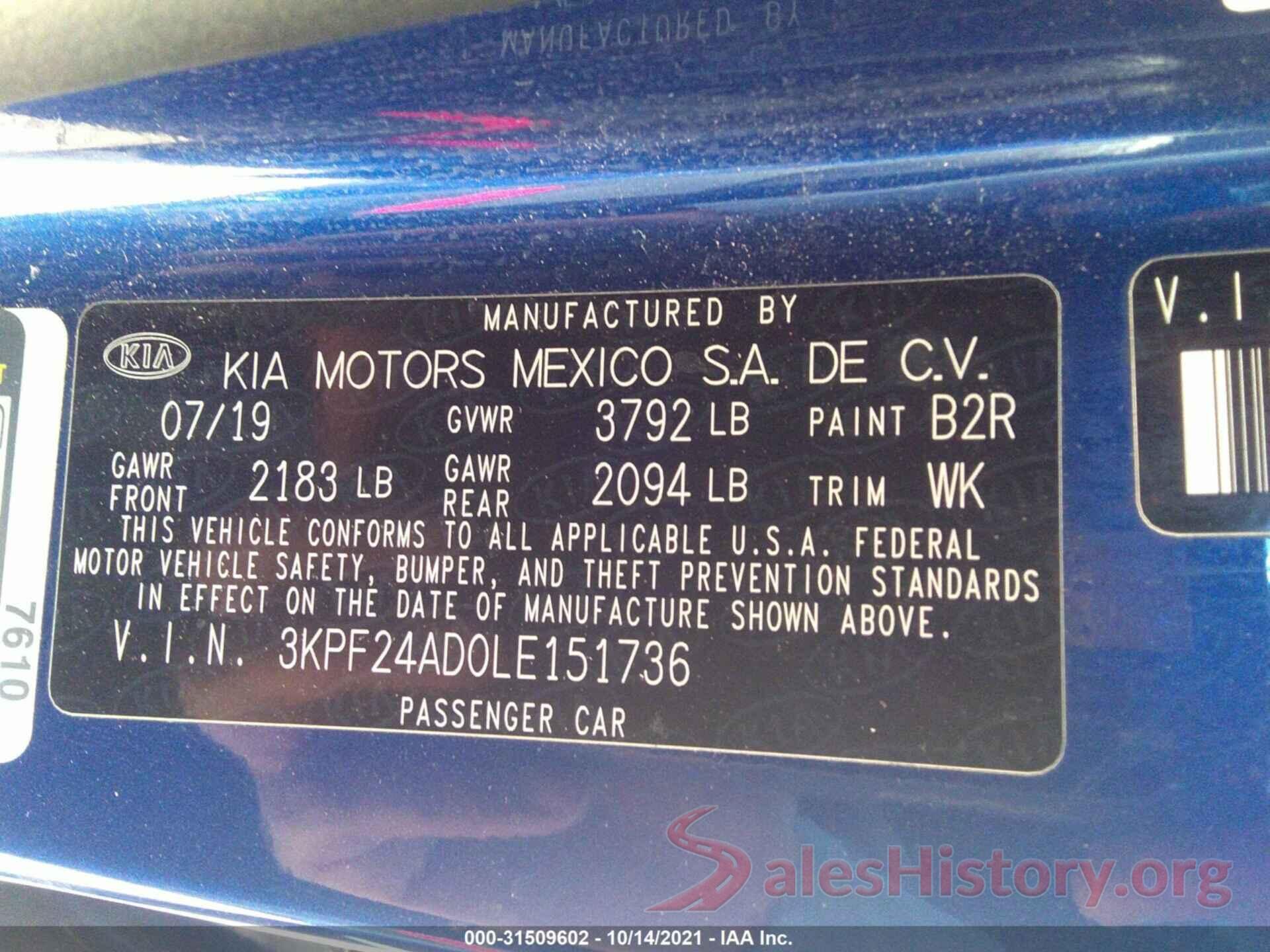 3KPF24AD0LE151736 2020 KIA FORTE