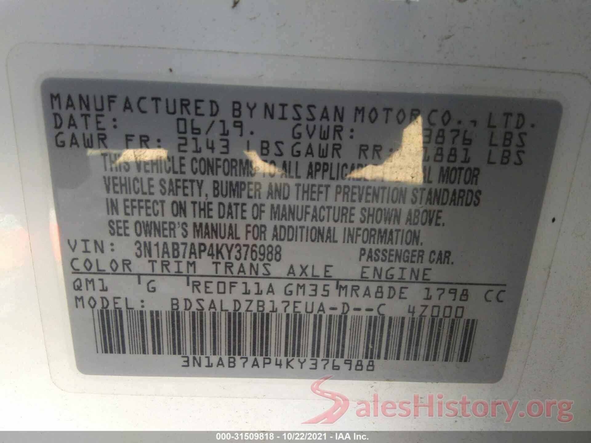 3N1AB7AP4KY376988 2019 NISSAN SENTRA