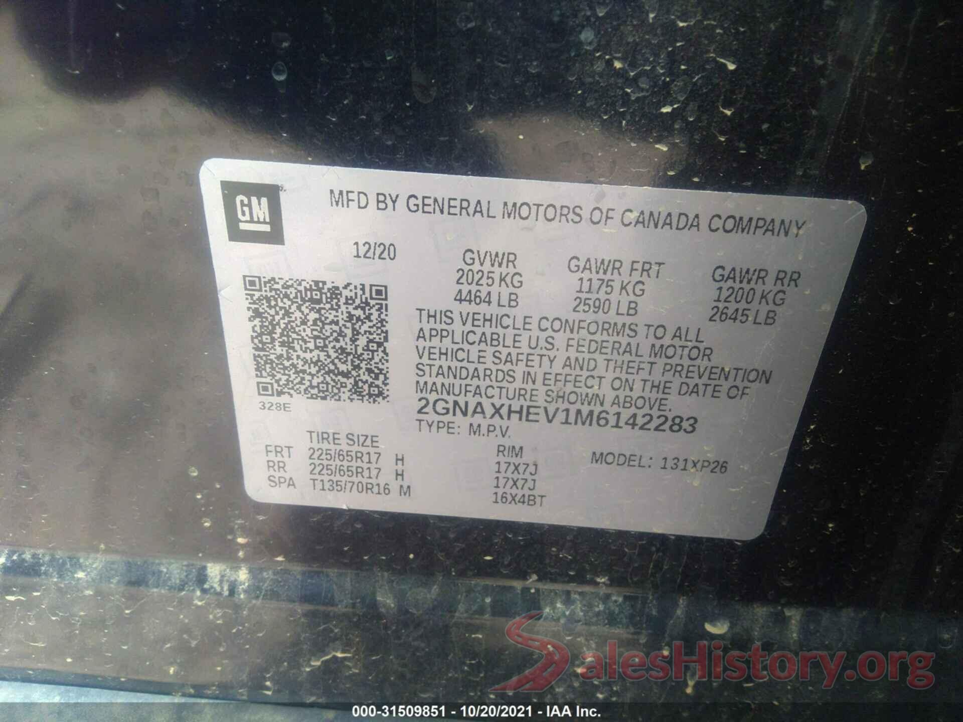 2GNAXHEV1M6142283 2021 CHEVROLET EQUINOX