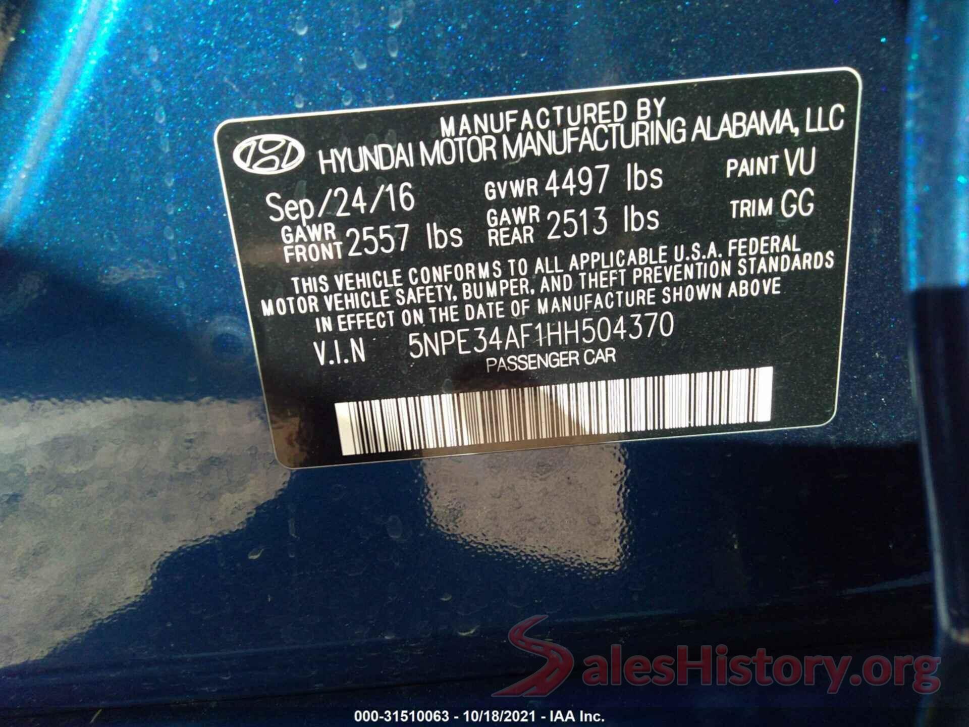 5NPE34AF1HH504370 2017 HYUNDAI SONATA