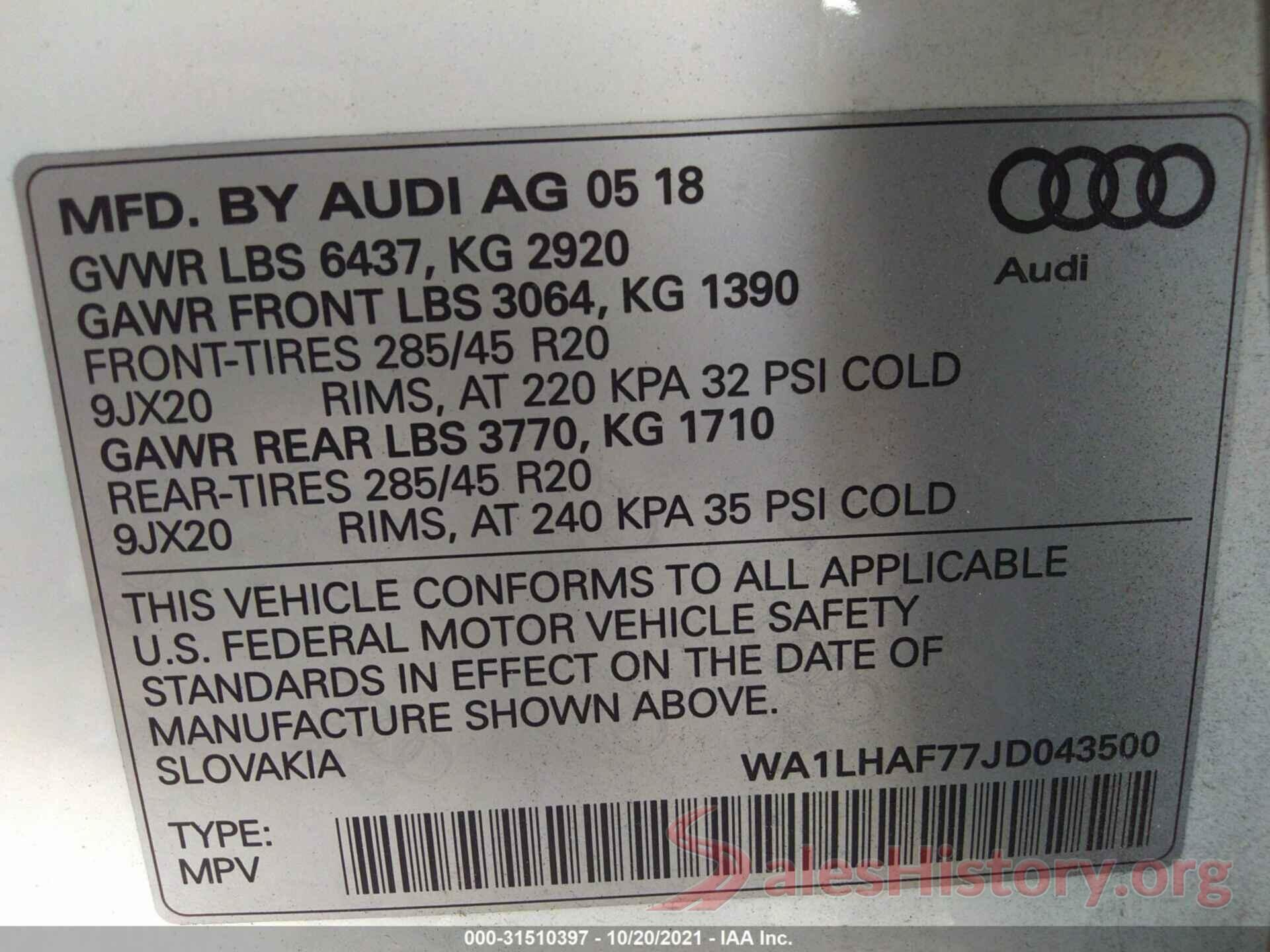 WA1LHAF77JD043500 2018 AUDI Q7