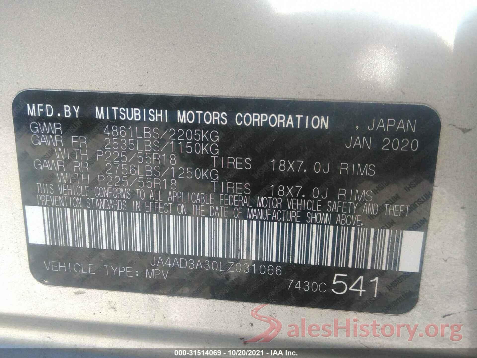 JA4AD3A30LZ031066 2020 MITSUBISHI OUTLANDER