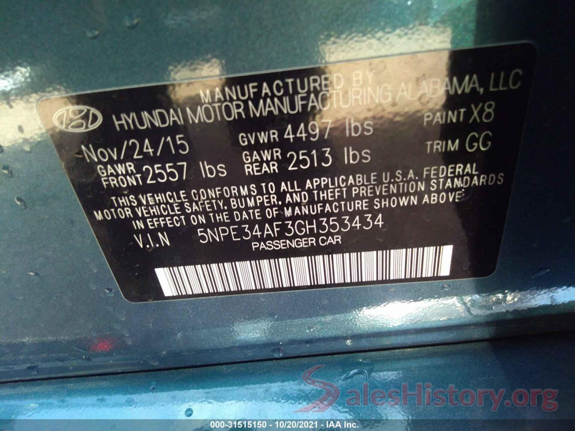 5NPE34AF3GH353434 2016 HYUNDAI SONATA