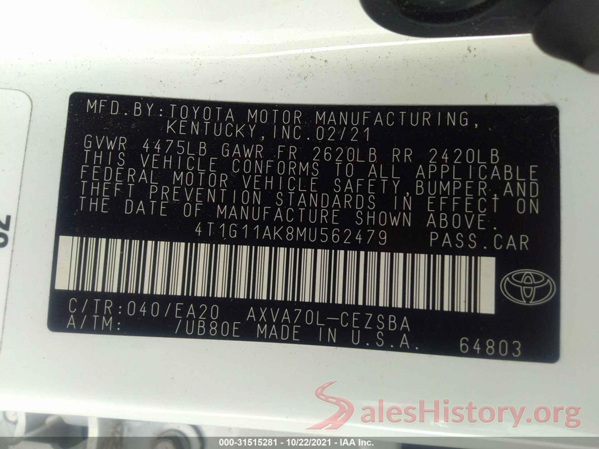 4T1G11AK8MU562479 2021 TOYOTA CAMRY