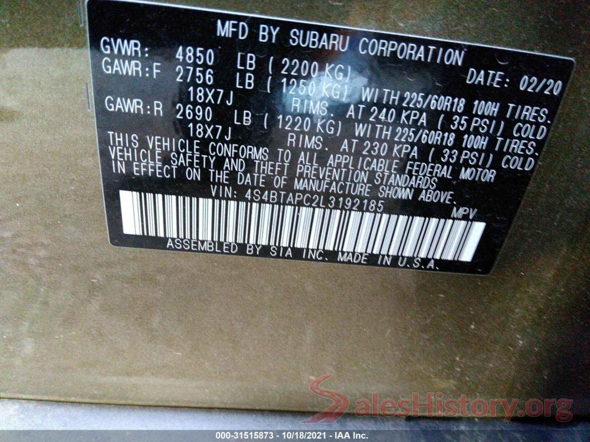 4S4BTAPC2L3192185 2020 SUBARU OUTBACK