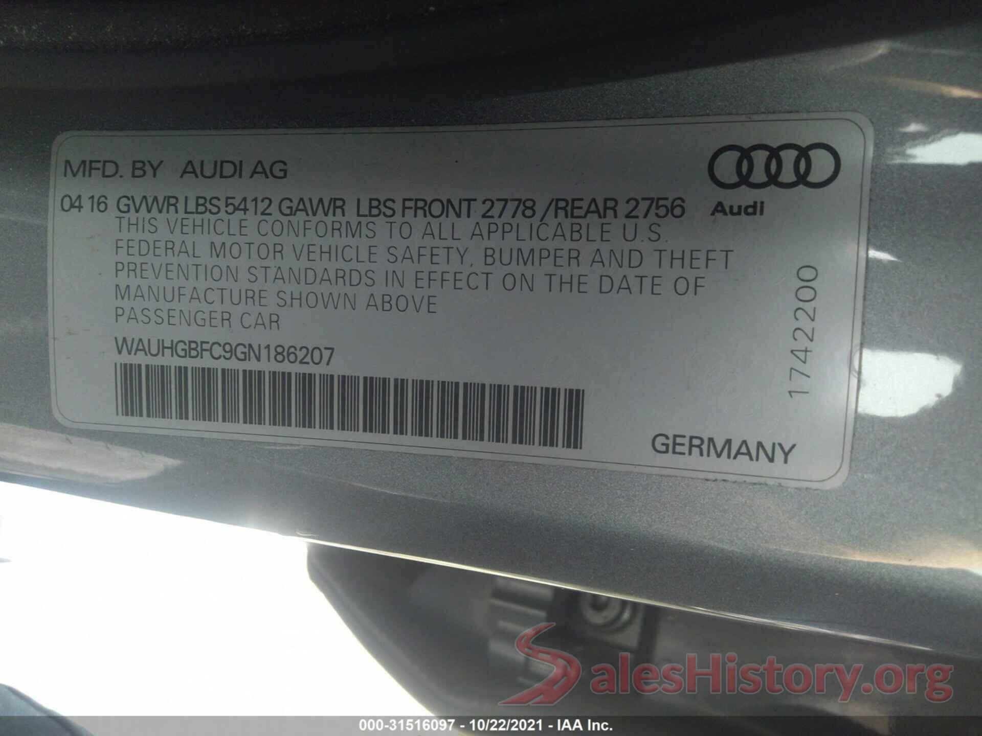 WAUHGBFC9GN186207 2016 AUDI A6