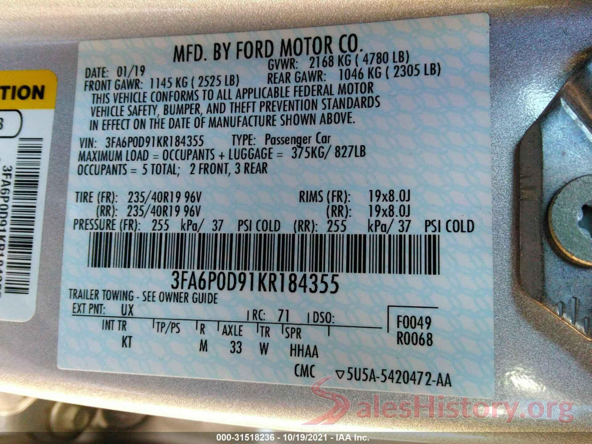 3FA6P0D91KR184355 2019 FORD FUSION