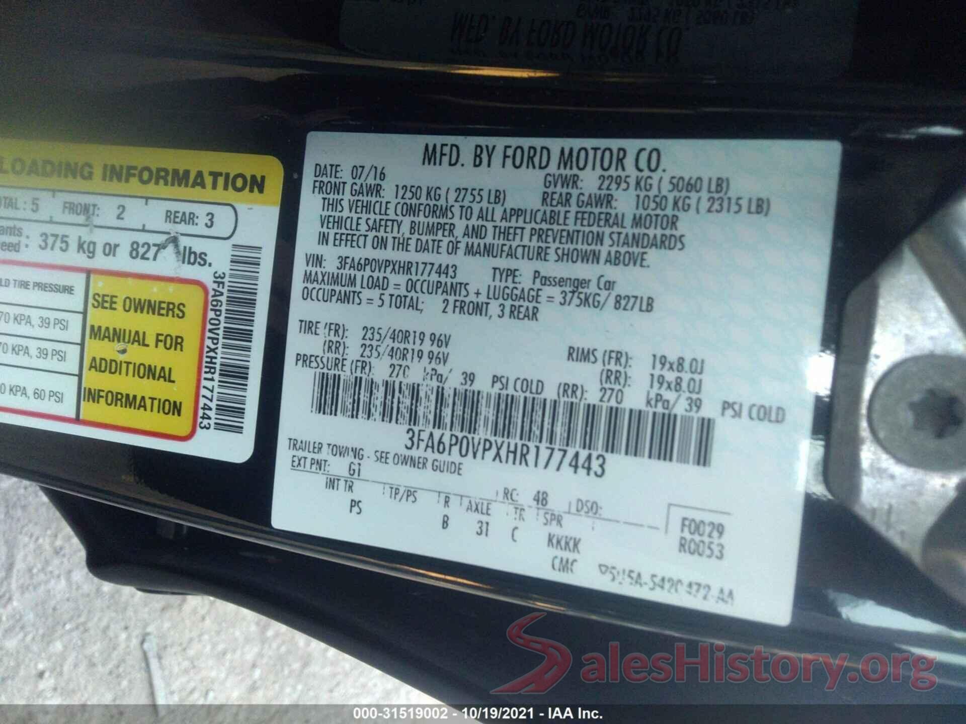 3FA6P0VPXHR177443 2017 FORD FUSION