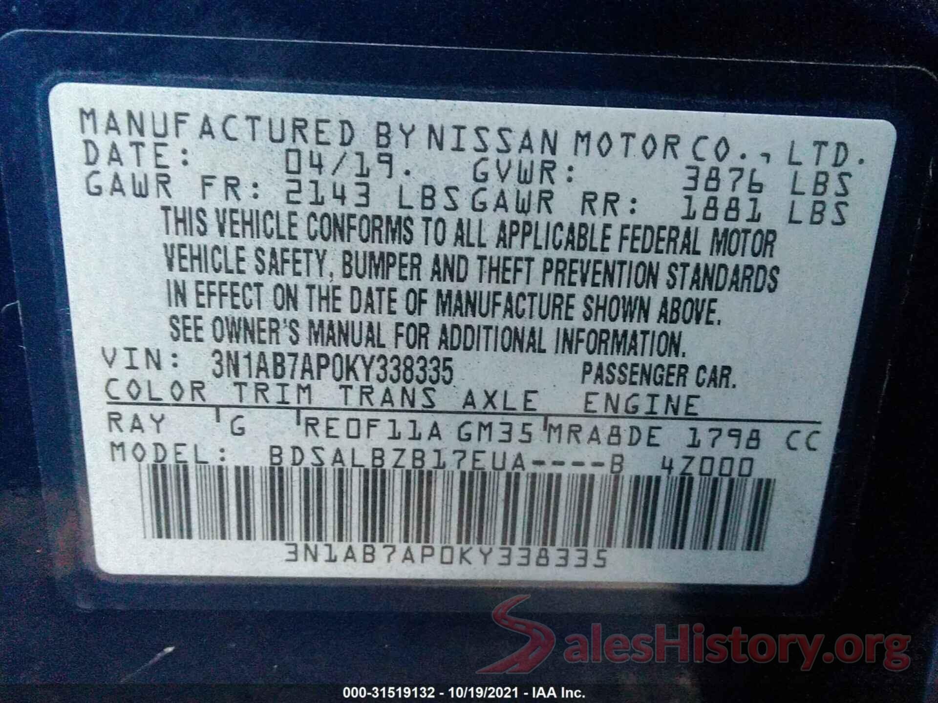 3N1AB7AP0KY338335 2019 NISSAN SENTRA