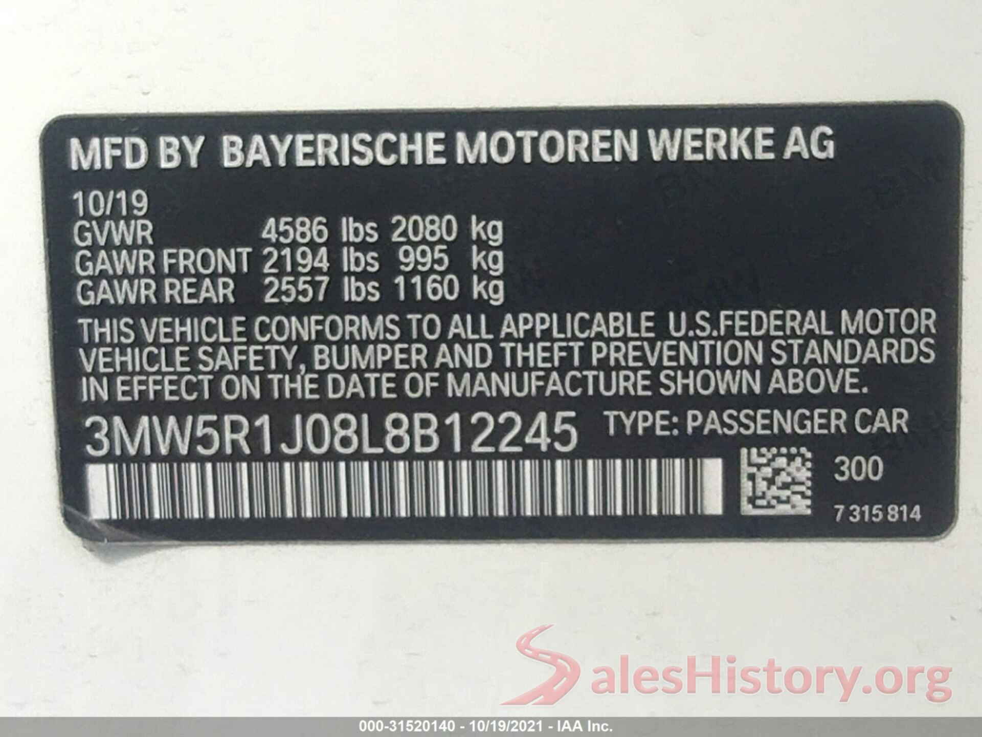 3MW5R1J08L8B12245 2020 BMW 3 SERIES