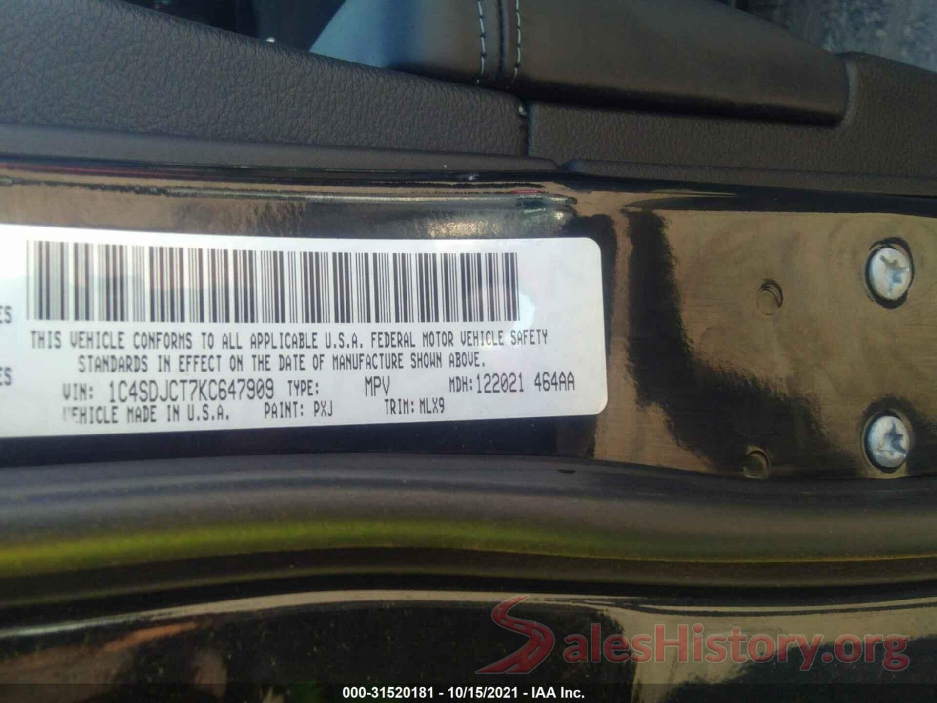 1C4SDJCT7KC647909 2019 DODGE DURANGO