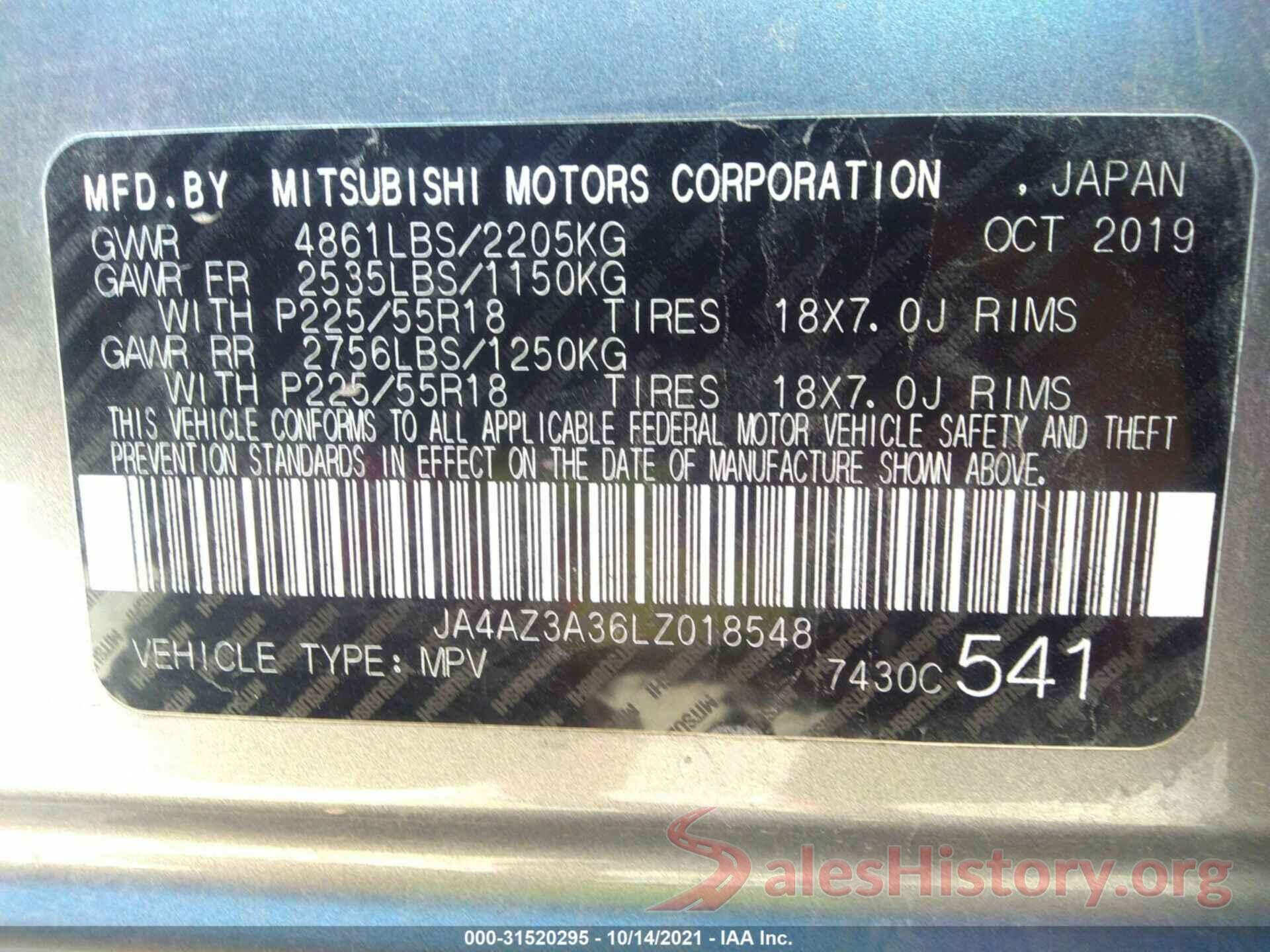 JA4AZ3A36LZ018548 2020 MITSUBISHI OUTLANDER