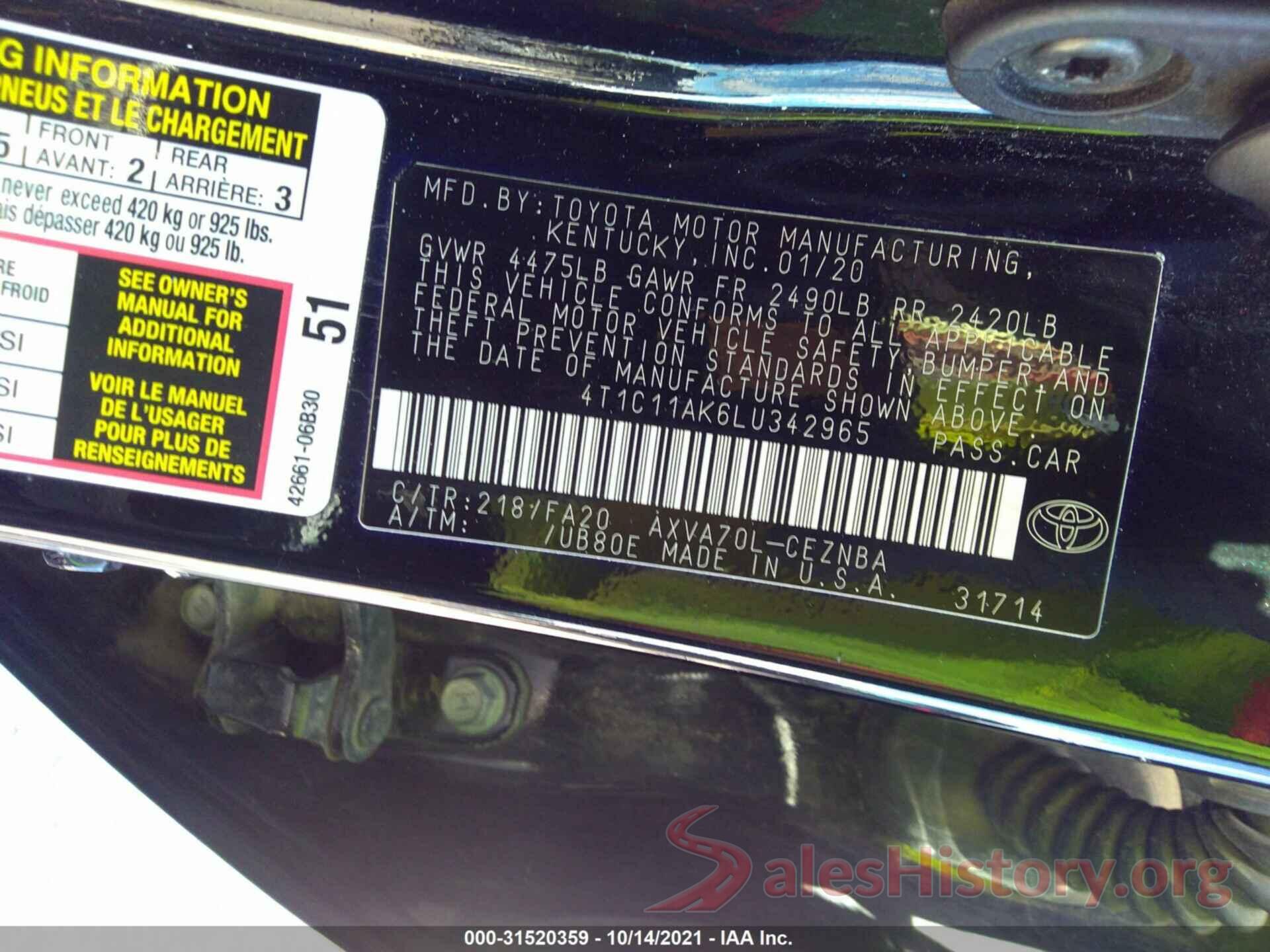 4T1C11AK6LU342965 2020 TOYOTA CAMRY