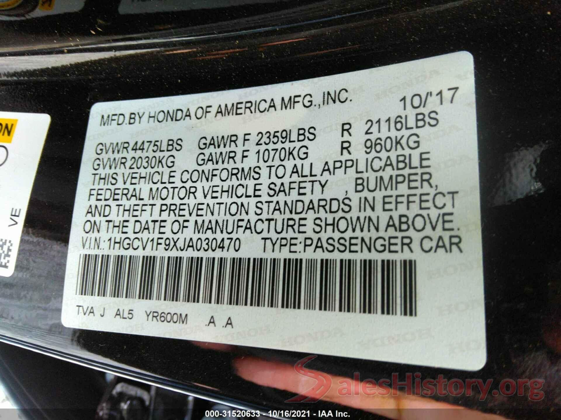 1HGCV1F9XJA030470 2018 HONDA ACCORD SEDAN