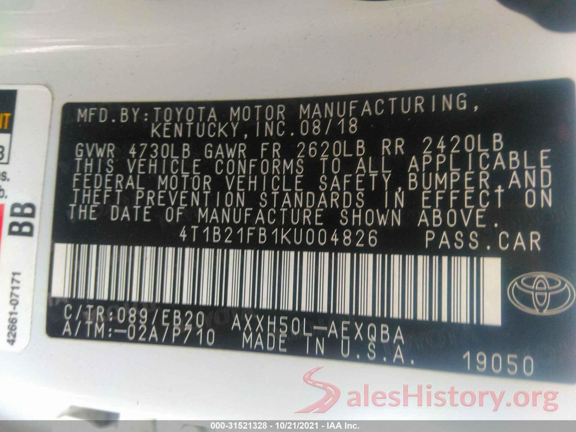 4T1B21FB1KU004826 2019 TOYOTA AVALON