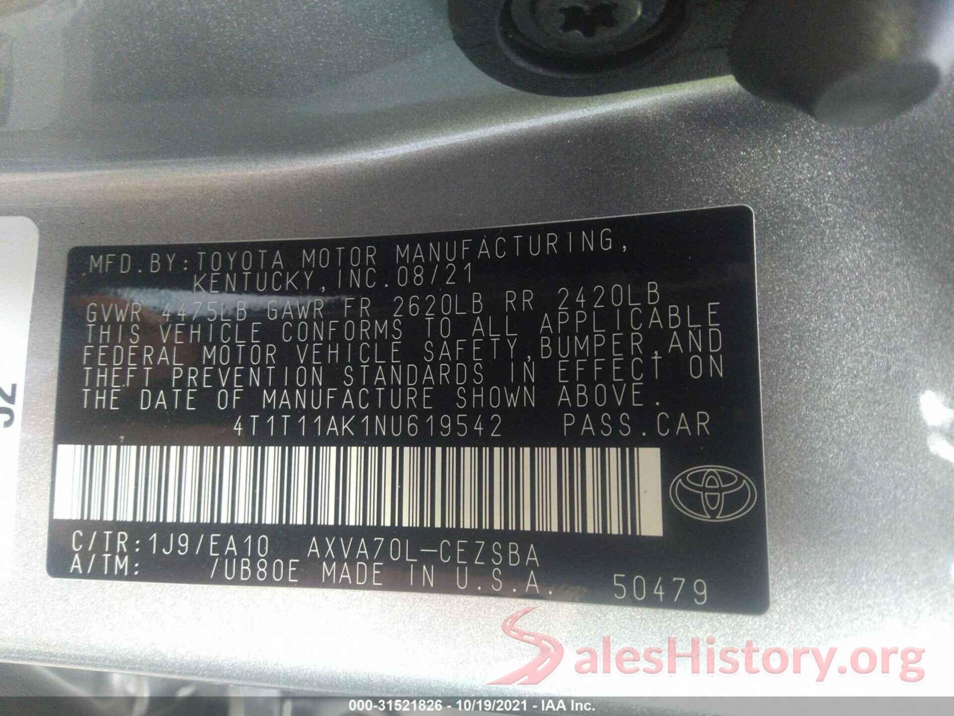 4T1T11AK1NU619542 2022 TOYOTA CAMRY