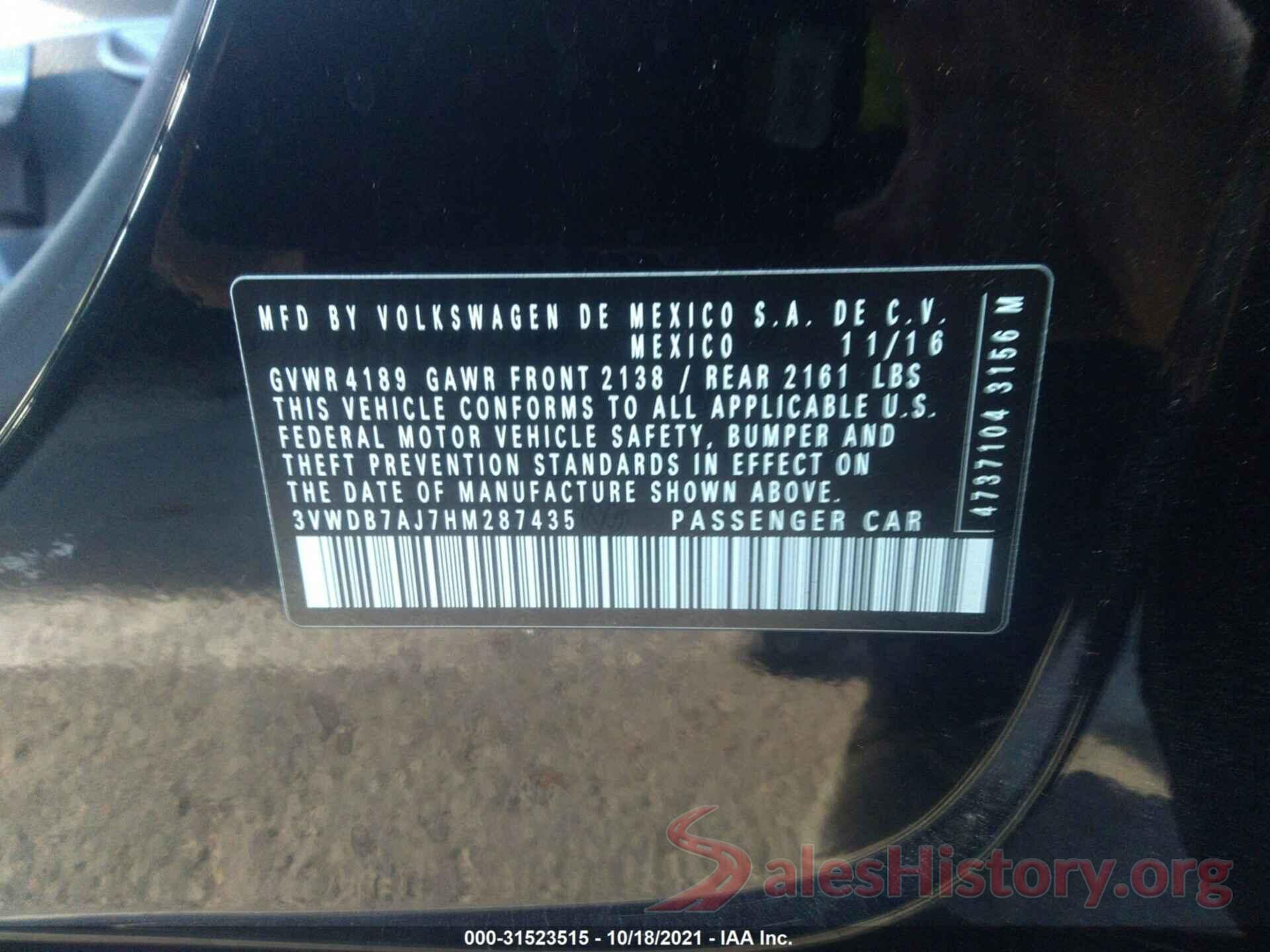 3VWDB7AJ7HM287435 2017 VOLKSWAGEN JETTA